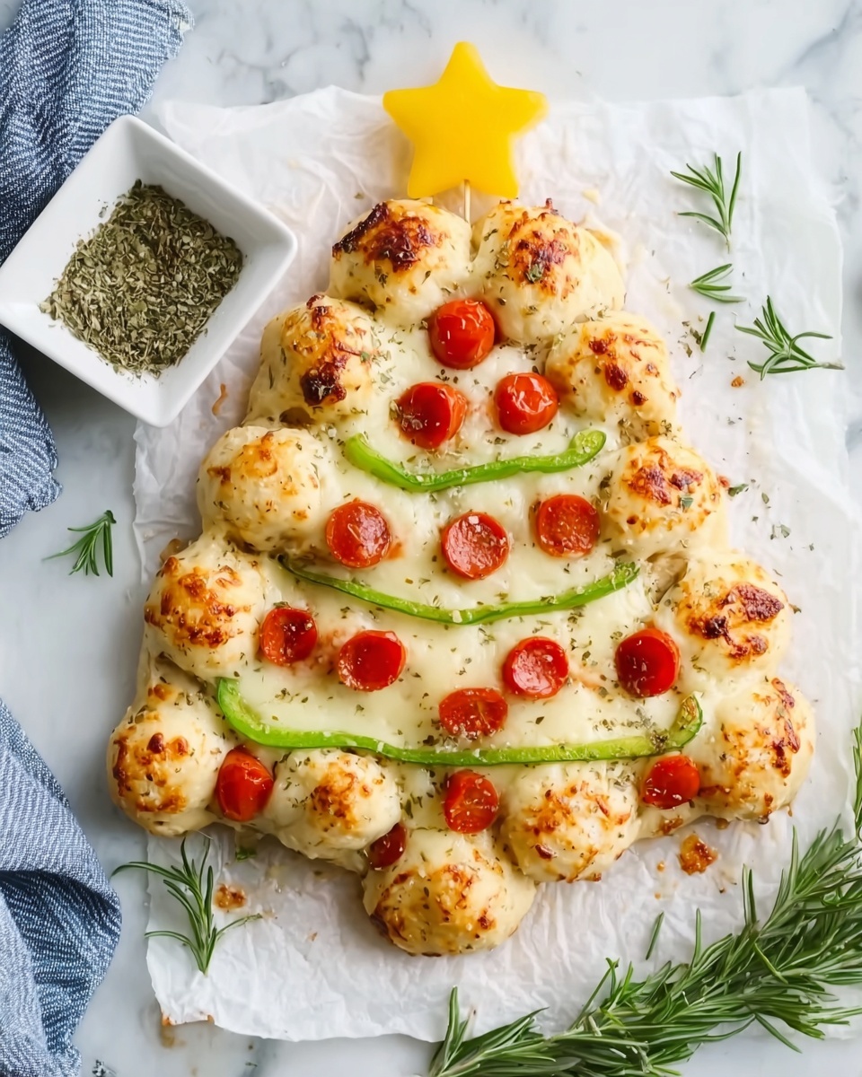 The image shows a bread dough shaped like a Christmas tree on a baking tray lined with white parchment paper, placed on a white marbled surface. The dough structure has three layers, with round dough balls forming the tree's triangular shape and a smaller cluster at the bottom as the trunk. The dough is topped with shredded cheese covering most of the surface, small round red cherry tomatoes spread evenly across the tree, and thin green bell pepper strips arranged in a zigzag pattern as garlands. The trunk is sprinkled with herbs, giving it a speckled green and brown appearance. A striped cloth is partially visible in the top-left corner. Photo taken with an iphone --ar 4:5 --v 7