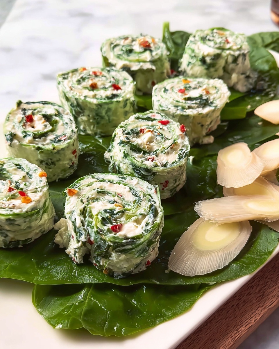 This image shows a wooden board placed on a white marbled surface. On the board are green spinach leaf wraps rolled into spirals, each roll featuring two visible layers: a rough-textured green outer layer and a white creamy inner layer with small bits of red and green. The rolls are arranged on fresh dark green spinach leaves scattered across the board. Light beige artichoke hearts sit among the rolls, adding a soft, folded texture. To the side on the marble surface is a clear glass bowl filled with a creamy white spread mixed with small green and light orange bits. The scene looks fresh and cool, with a woman’s hand partly visible at the edge of the image. photo taken with an iphone --ar 4:5 --v 7