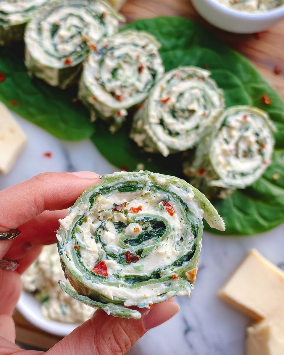 The image shows a close-up of a woman's hand holding a green spinach wrap roll slice filled with three layers of white creamy cheese mixed with chopped spinach and small red chili flakes, forming a spiral pattern. Behind this slice, there is a row of similar spinach wrap roll slices neatly arranged on large green spinach leaves, placed on a white marbled surface. In the lower left corner of the image, there is a white bowl filled with the same creamy spinach cheese mixture, and pieces of a beige cheese block are scattered nearby. The textures of the wrap look soft and slightly moist, while the cheese mixture appears smooth with bits of leafy spinach and specks of red pepper. photo taken with an iphone --ar 4:5 --v 7