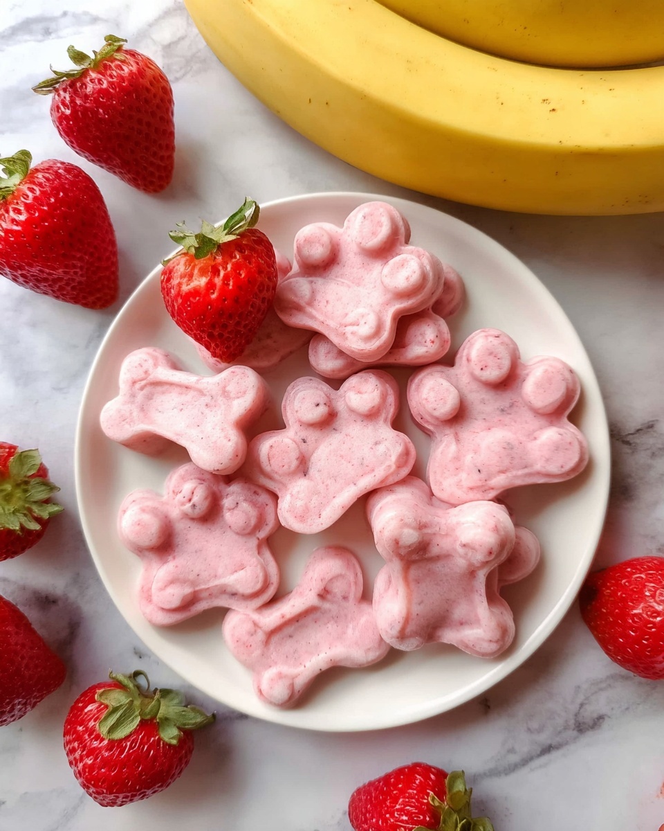 A white plate filled with pink frozen treats shaped like dog paws and bones, each showing small red specks inside them. Around the plate are fresh red strawberries with green tops, and in the background, there are two yellow bananas resting on a white marbled surface. The pink treats look smooth and cool, with paw shapes on the top and bone shapes scattered both inside and outside the plate. photo taken with an iphone --ar 4:5 --v 7