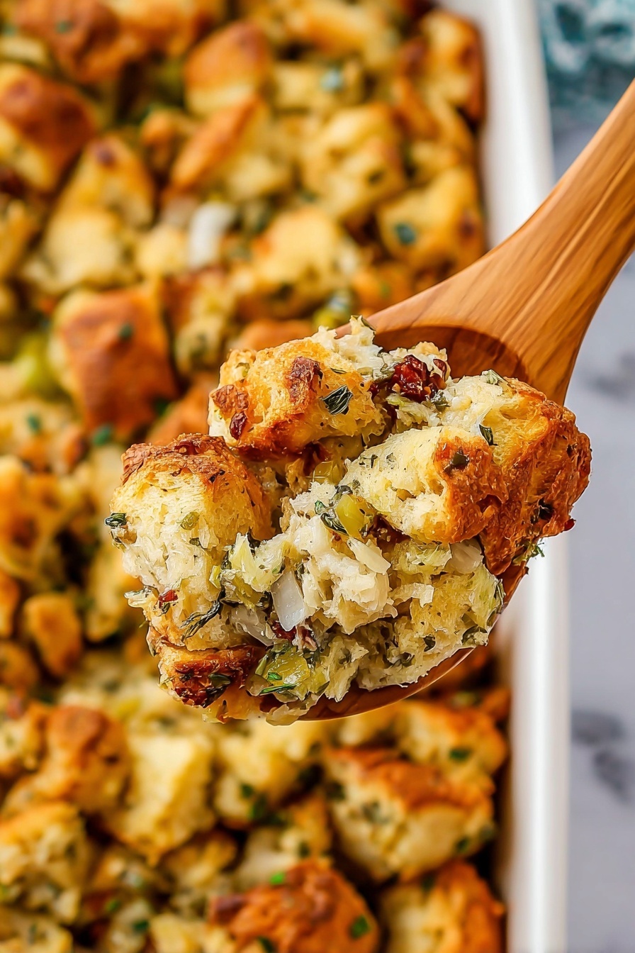 A close-up of a wooden spoon holding a scoop of baked stuffing, showing three to four pieces of golden-brown bread with a crispy texture mixed with layers of green herbs and bits of soft cooked onions, all slightly moist and fluffy inside. The background shows a white baking dish filled with more chunks of the same stuffing layered densely, with a mix of golden crust and soft inside visible, placed on a white marbled surface. Photo taken with an iphone --ar 2:3 --v 7 - Homemade Stuffing with Sage and Herbs, Christmas stuffing recipe, classic herb stuffing, easy holiday side dish, flavorful stuffing for roast