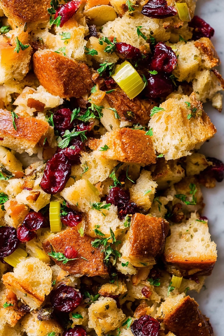 The image shows a close-up of a mixed stuffing with three main visible layers of ingredients. The bottom layer has soft, torn pieces of golden-brown toasted bread with a crisp texture on some edges. The middle layer contains small light yellow chunks of cooked apple and celery, adding a juicy and crunchy look. The top layer is scattered with bright red dried cranberries and green chopped parsley leaves, giving a fresh and colorful touch. All these layers blend closely together, showing a mix of soft, crunchy, and chewy textures. The background is a white marbled surface. photo taken with an iphone --ar 2:3 --v 7 - Cranberry Apple Stuffing, holiday stuffing with cranberries and apples, savory Thanksgiving side dish, festive apple cranberry stuffing, easy apple cranberry stuffing