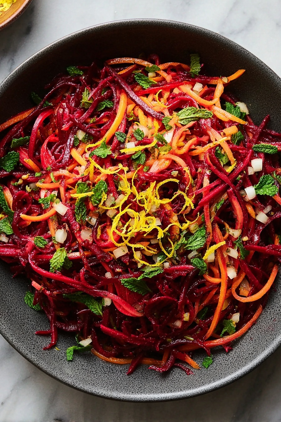 A dark gray bowl filled with a colorful salad made of thin, long strands of deep red beets layered with thin orange carrot strips, scattered with fresh green mint leaves and parsley, small diced white bits, and thin yellow lemon zest curls spread evenly on top, all sitting on a white marbled surface, photo taken with an iphone --ar 2:3 --v 7 - Grated Beet Salad with Fresh Herbs, healthy beet salad, easy beet salad recipe, colorful vegetable side dish, fresh herb salad