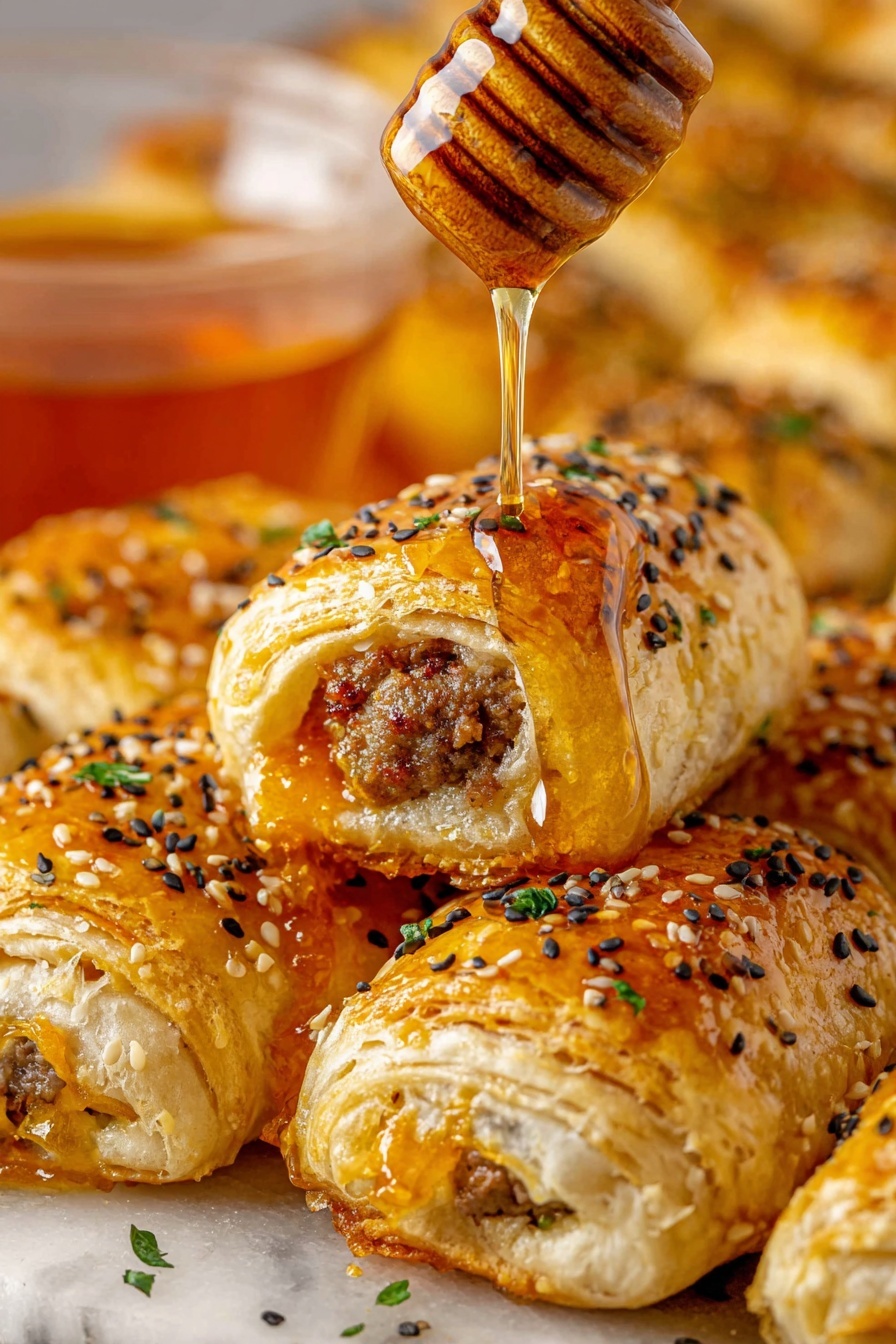 A close-up view of golden brown sausage rolls arranged side by side on a white marbled surface, each roll showing flaky, layered pastry with a shiny glazed top speckled with black and white sesame seeds and bits of green herbs. One sausage roll is held slightly above the rest, partially open at the end, revealing a juicy, crumbly meat filling mixed with melted orange cheese inside. Above the open sausage roll, amber honey is being drizzled slowly from a wooden honey dipper, creating a glossy stream of honey that falls onto the pastry. A translucent glass bowl filled with more honey appears blurred to the left in the background. photo taken with an iphone --ar 2:3 --v 7 - Hot Honey Sausage Rolls, savory sausage roll recipes, spicy puff pastry snacks, sweet and spicy appetizer, easy sausage rolls with hot honey