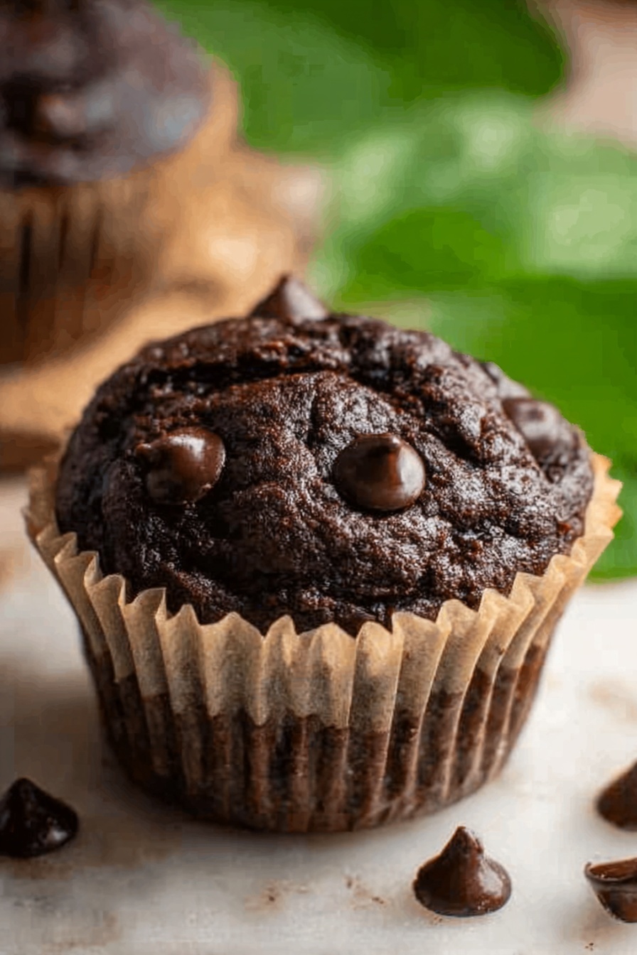 A close-up of a dark chocolate muffin sitting on a wrinkled beige paper liner, with several shiny dark chocolate chips scattered on top and around the muffin. The muffin has a rough, textured top with slight cracks and a rich dark brown color. The background has a soft focus with green leaves blurred behind. The surface under the muffin is white marbled texture. photo taken with an iphone --ar 2:3 --v 7 - Chocolate Spinach Muffins, healthy chocolate muffins, nutritious vegetable muffins, moist chocolate banana muffins, easy veggie muffin recipe