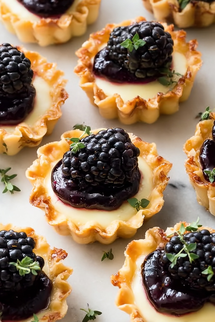 The image shows many small tartlets arranged closely on a white marbled surface. Each tartlet has a golden, crispy shell with ruffled edges. Inside, there is a smooth, creamy pale yellow layer topped with a glossy dark purple blackberry compote. A shiny, plump blackberry is placed on top of the compote in each tartlet. Small green herb leaves are sprinkled around the tartlets and on top for decoration. The light highlights the textures, making the blackberries look juicy and the tart shells crisp. photo taken with an iphone --ar 2:3 --v 7 - Brie and Blackberry Phyllo Cups, elegant appetizer recipes, easy party appetizers, quick finger food ideas, sophisticated small bites