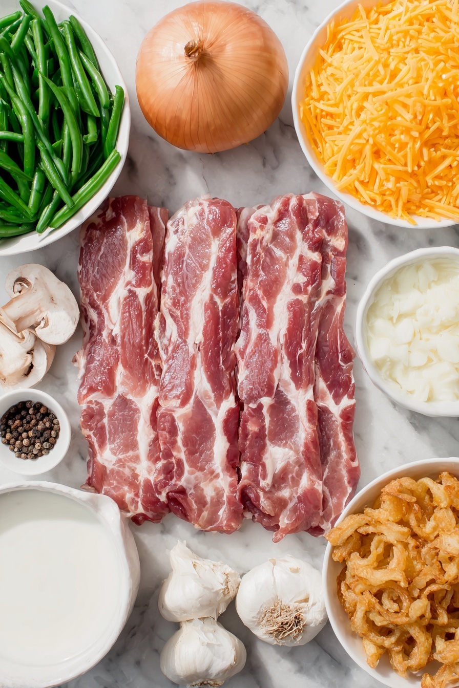 Flat lay of six raw bacon strips with visible marbling, a halved yellow onion showing its crisp layers, a small mound of chopped fresh button mushrooms, three garlic cloves with papery skins intact, a small white ceramic bowl filled with creamy mushroom soup, a small white bowl holding whole milk, a neat pile of shredded Monterey Jack cheese, a pinch of coarse salt crystals and whole black peppercorns arranged side by side, a small white bowl containing freshly drained cut green beans, and a small white bowl filled with golden French fried onions, all placed on a clean white marble surface, soft natural light, photo taken with an iPhone, professional food photography style, fresh ingredients, white ceramic bowls, no bottles, no duplicates, no utensils, no packaging --ar 2:3 --v 7 --p m7354615311229779997 - Green Bean Casserole with Bacon and Mushrooms, Green Bean Casserole recipe, Bacon and Mushroom Green Bean Side Dish, Holiday Green Bean Casserole, Easy Green Bean Casserole