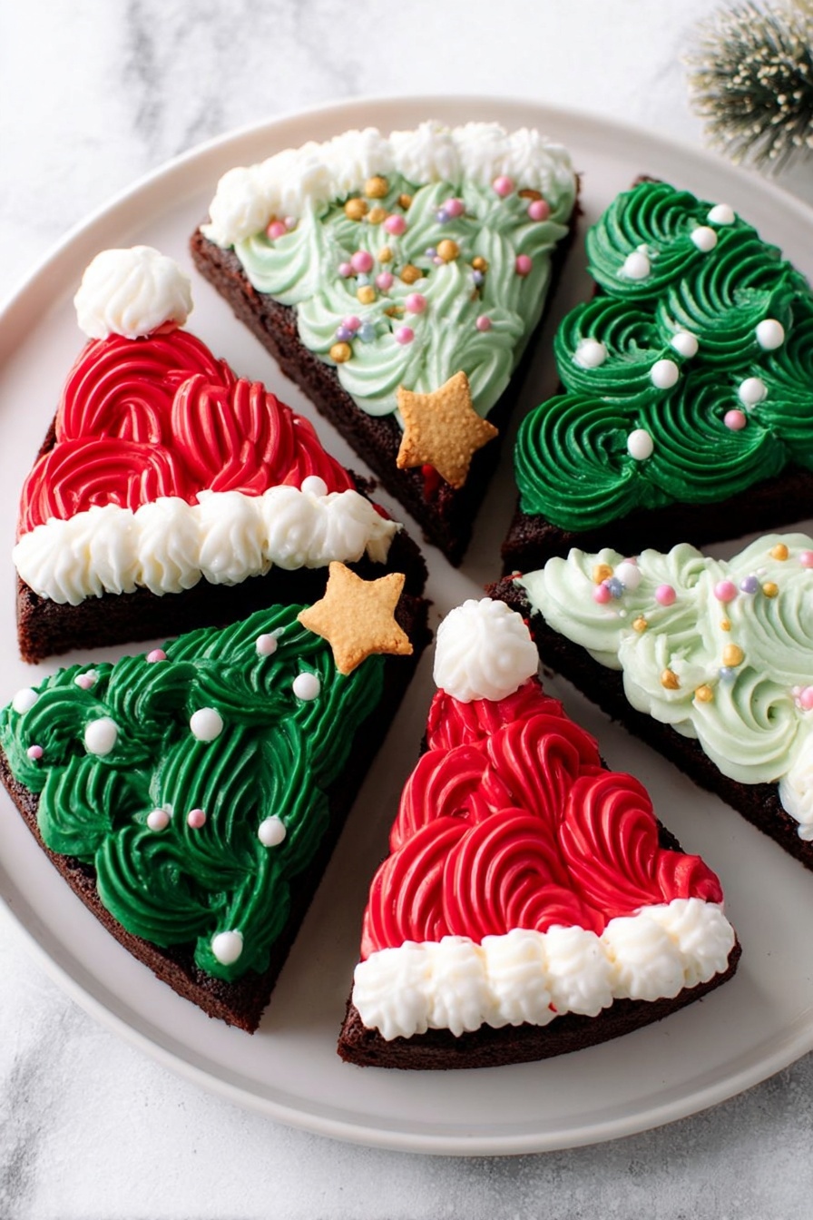 The image shows six triangular chocolate cake slices placed on a large white plate with a white marbled background. Three slices are decorated like Santa hats with smooth red icing swirls covering the top, a band of white fluffy icing at the base, and a small white icing pompom on the point. The other three slices are decorated like Christmas trees with green icing swirls, small white round sprinkles resembling snow, and a small yellow star-shaped biscuit at the top point. The cakes are arranged in a circle, alternating red and green decorated slices. Photo taken with an iphone --ar 2:3 --v 7 - Frosted Christmas Brownie Trees, Christmas brownie treats, holiday dessert ideas, festive brownie recipes, easy Christmas baking