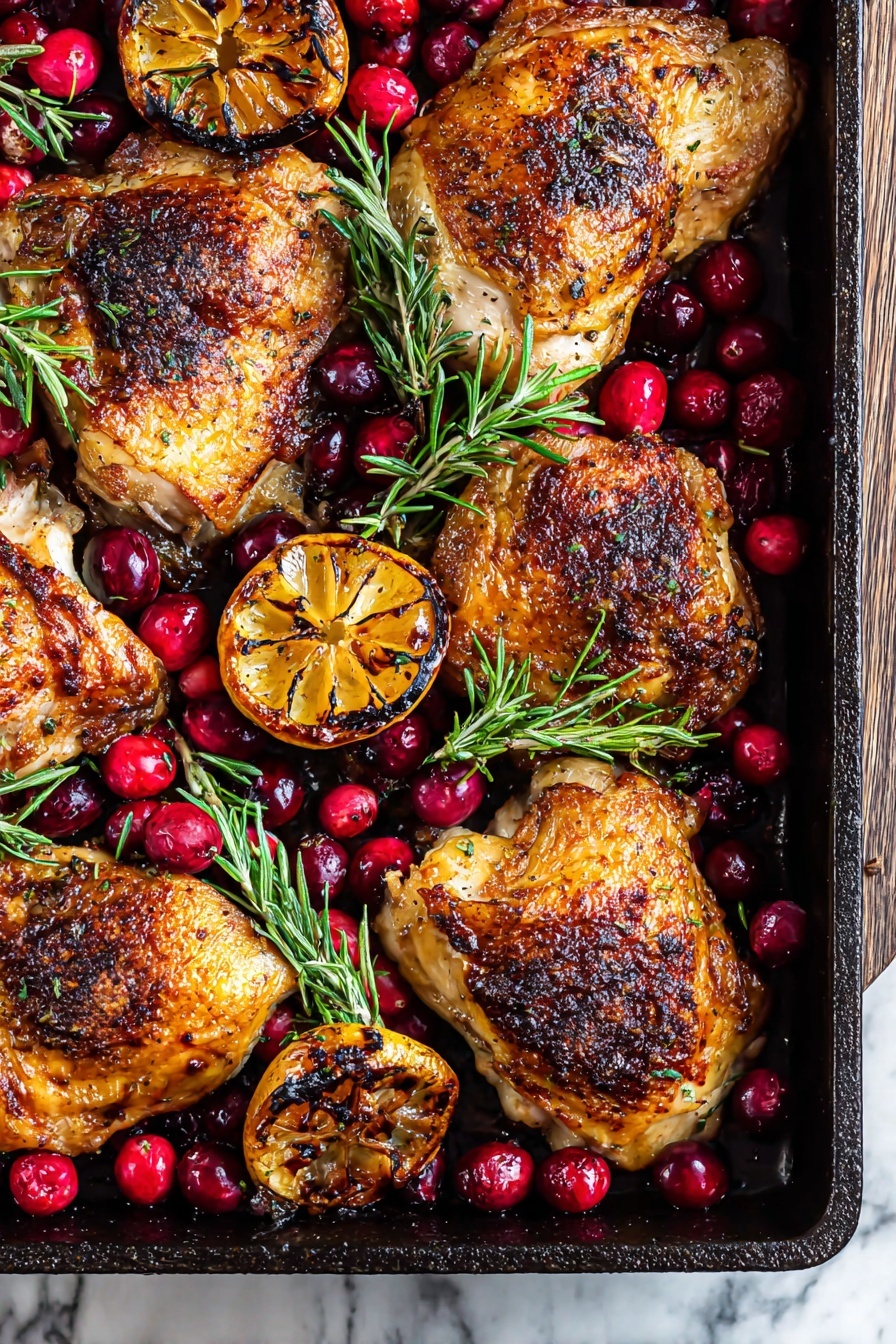 A black roasting pan filled with five pieces of browned roasted chicken with crispy skin, spread across the pan. Inside and around the chicken are bright red fresh cranberries and small green rosemary sprigs. Two halves of a charred lemon with golden browned edges are placed among the chicken. The pan rests on a surface with a white marbled texture. The lighting highlights the juicy texture and rich golden brown colors of the roasted chicken and the vibrant reds of the cranberries photo taken with an iphone --ar 2:3 --v 7 - Baked Cranberry Chicken with Rosemary, cranberry chicken recipe, holiday chicken dinner, festive chicken with cranberries, easy baked chicken with herbs