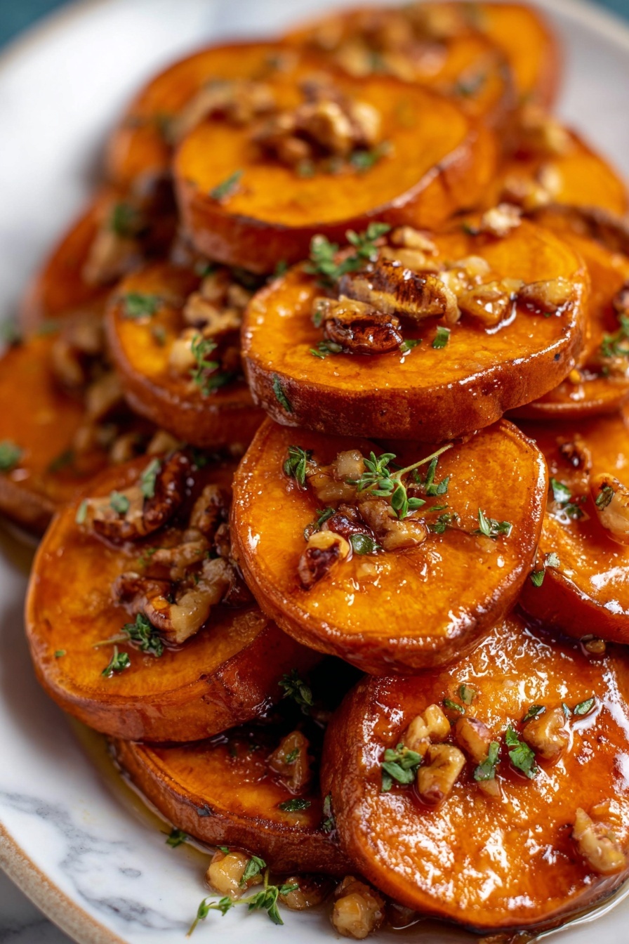 A close-up of many cooked sweet potato slices stacked on a white plate, each slice having a warm orange-brown color with a shiny glazed surface. On top of each slice, there are small pieces of chopped nuts that look crunchy and light brown, mixed with tiny fresh green herb leaves. The sweet potato edges are slightly darker and caramelized, creating a rich contrast with the orange inside. The plate sits on a white marbled surface, and the focus is sharp, showing the texture of the glaze and nuts clearly. photo taken with an iphone --ar 2:3 --v 7 - Maple Pecan Roasted Sweet Potatoes, roasted sweet potato side dish, maple pecan sweet potato recipe, holiday sweet potato recipes, easy roasted sweet potatoes