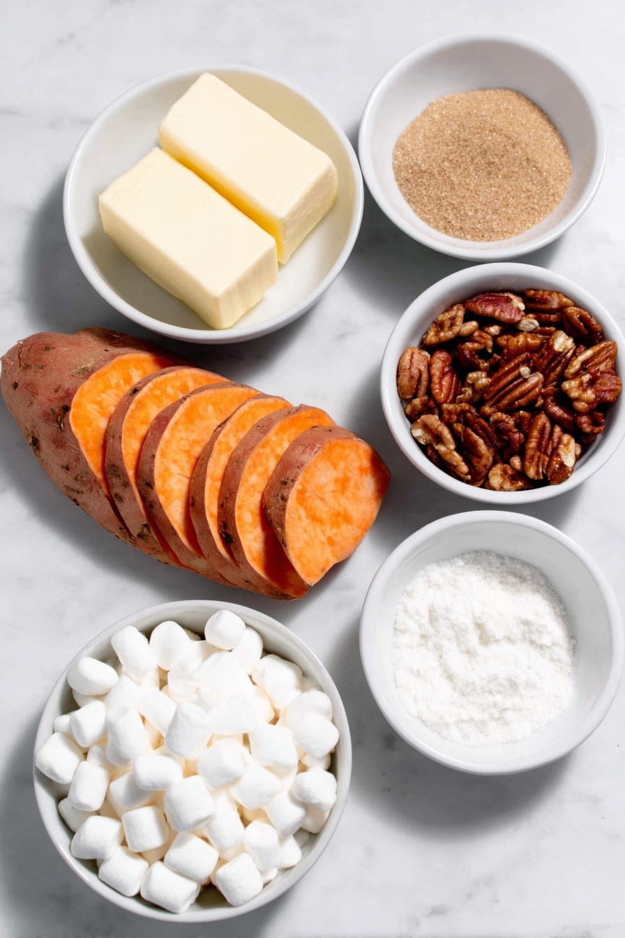 Flat lay of peeled sweet potatoes sliced into thin medallions arranged neatly, a small white ceramic bowl of unsalted butter, a small white ceramic bowl filled with light brown sugar, a small white ceramic bowl containing water, small white ceramic bowls with ground cinnamon, ground cloves, ground nutmeg, and salt each shown as fine powders, a small white ceramic bowl with roughly chopped pecans, and a small white ceramic bowl filled with mini white marshmallows, all ingredients fresh and natural, perfectly symmetrical layout, placed on a clean white marble surface, soft natural light, photo taken with an iPhone, professional food photography style, fresh ingredients, white ceramic bowls, no bottles, no duplicates, no utensils, no packaging --ar 2:3 --v 7 --p m7354615311229779997 - Sweet Potato Casserole with Pecans and Marshmallows, holiday sweet potato casserole, Thanksgiving sweet potato side dish, easy sweet potato casserole recipe, marshmallow pecan casserole