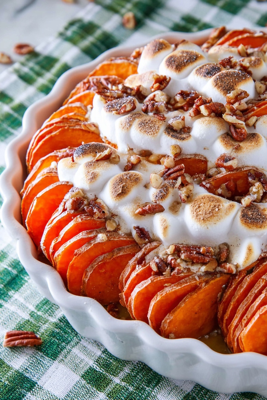 The dish shows three tall stacks of sliced sweet potatoes arranged closely on a white scalloped dish, each slice bright orange with a soft texture. Melted and slightly browned marshmallows cover parts of the sweet potatoes, creating a white and light golden layer with a bubbly texture. Scattered around and between the stacks are small pieces of chopped pecans, adding a crunchy texture and a dark brown color contrast. The dish sits on a green and white plaid cloth with a white marbled surface underneath. The overall look is warm, soft, and inviting with a mix of smooth, crispy, and nutty textures photo taken with an iphone --ar 2:3 --v 7 - Sweet Potato Casserole with Pecans and Marshmallows, holiday sweet potato casserole, Thanksgiving sweet potato side dish, easy sweet potato casserole recipe, marshmallow pecan casserole