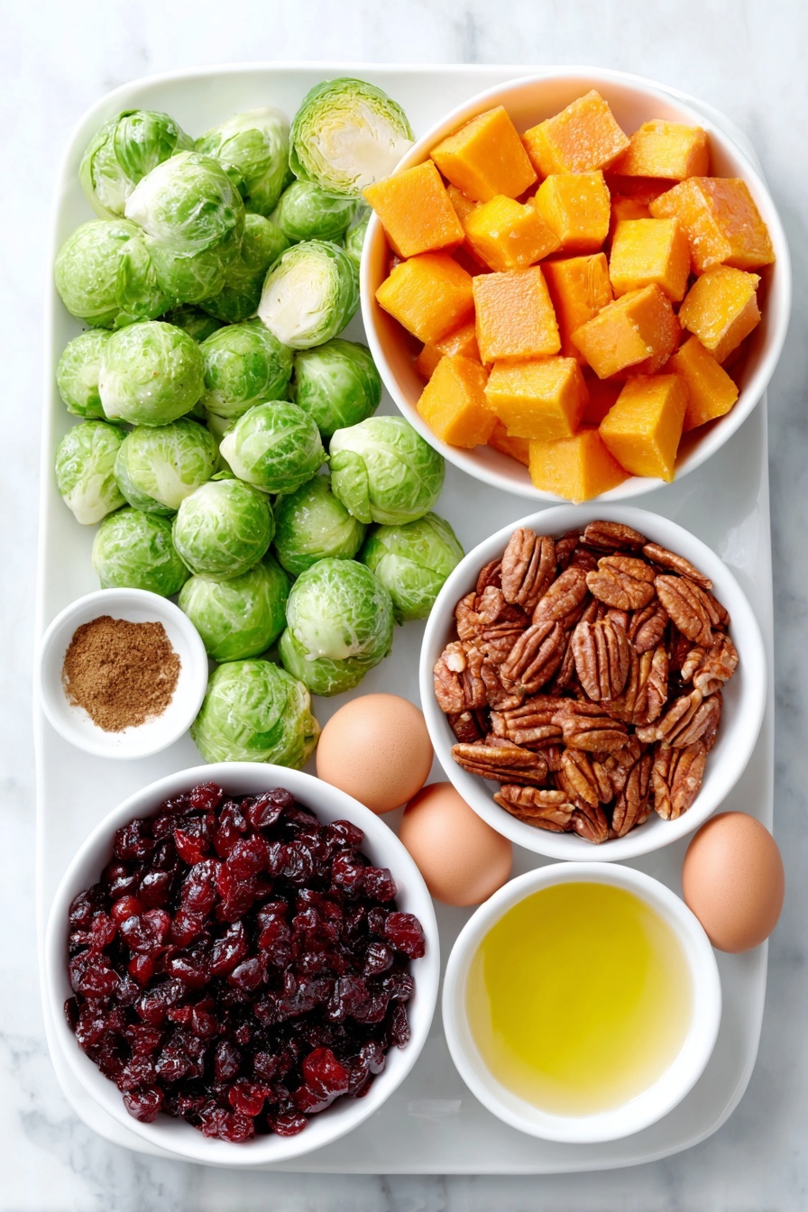 Flat lay of fresh halved Brussels sprouts with bright green leaves, peeled and cubed butternut squash in vibrant orange cubes, a small white ceramic bowl of golden olive oil, a small white ceramic bowl of deep amber maple syrup, a small white ceramic bowl of ground cinnamon powder, a handful of glossy pecan halves, a small pile of dried tart red cranberries, and two whole uncracked brown eggs placed symmetrically, all arranged neatly on a simple white ceramic plate and bowls, placed on a clean white marble surface, soft natural light, photo taken with an iPhone, professional food photography style, fresh ingredients, white ceramic bowls, no bottles, no duplicates, no utensils, no packaging --ar 2:3 --v 7 --p m7354615311229779997 - Roasted Brussels Sprouts and Butternut Squash Salad, fall vegetable salad, healthy roasted veggie salad, easy fall side dish, caramelized squash and Brussels sprouts