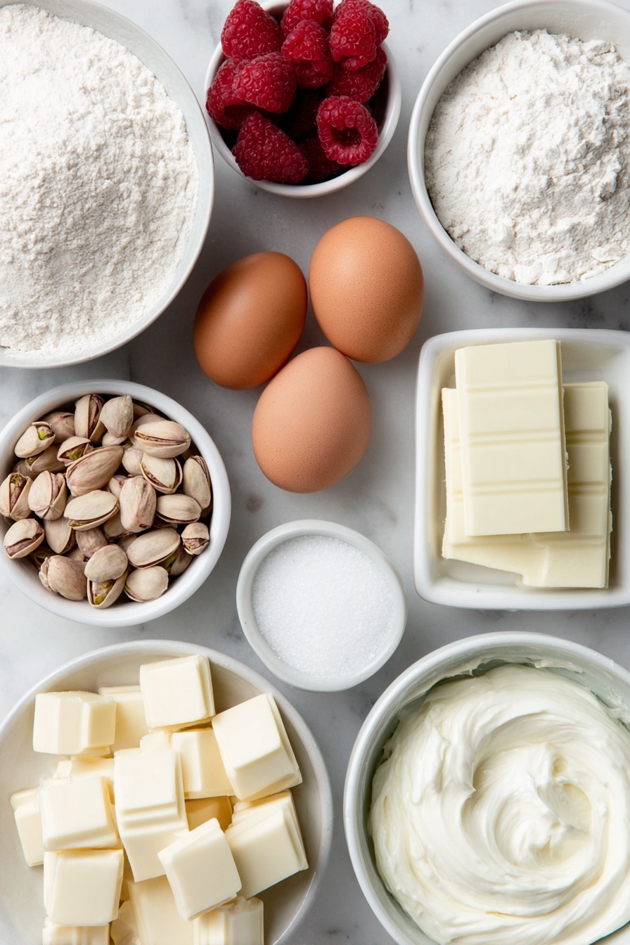 Flat lay of raw whole pistachios scattered beside a small pile of bright red fresh raspberries, four whole uncracked brown eggs with clean shells, a small white ceramic bowl filled with fine white self-raising flour, a small white ceramic bowl of granulated sugar crystals, a small white ceramic bowl with clear hot water, a small white ceramic bowl holding smooth softened unsalted butter, a block of white chocolate broken into chunks, a small white ceramic bowl of thick cream cheese, and a small white ceramic bowl filled with heavy cream, all arranged symmetrically and balanced, placed on a clean white marble surface, soft natural light, photo taken with an iPhone, professional food photography style, fresh ingredients, white ceramic bowls, no bottles, no duplicates, no utensils, no packaging --ar 2:3 --v 7 --p m7354615311229779997 - Christmas Raspberry Pistachio Roulade, holiday roulade dessert, festive raspberry pistachio cake, Christmas cake recipes, pistachio raspberry roulade