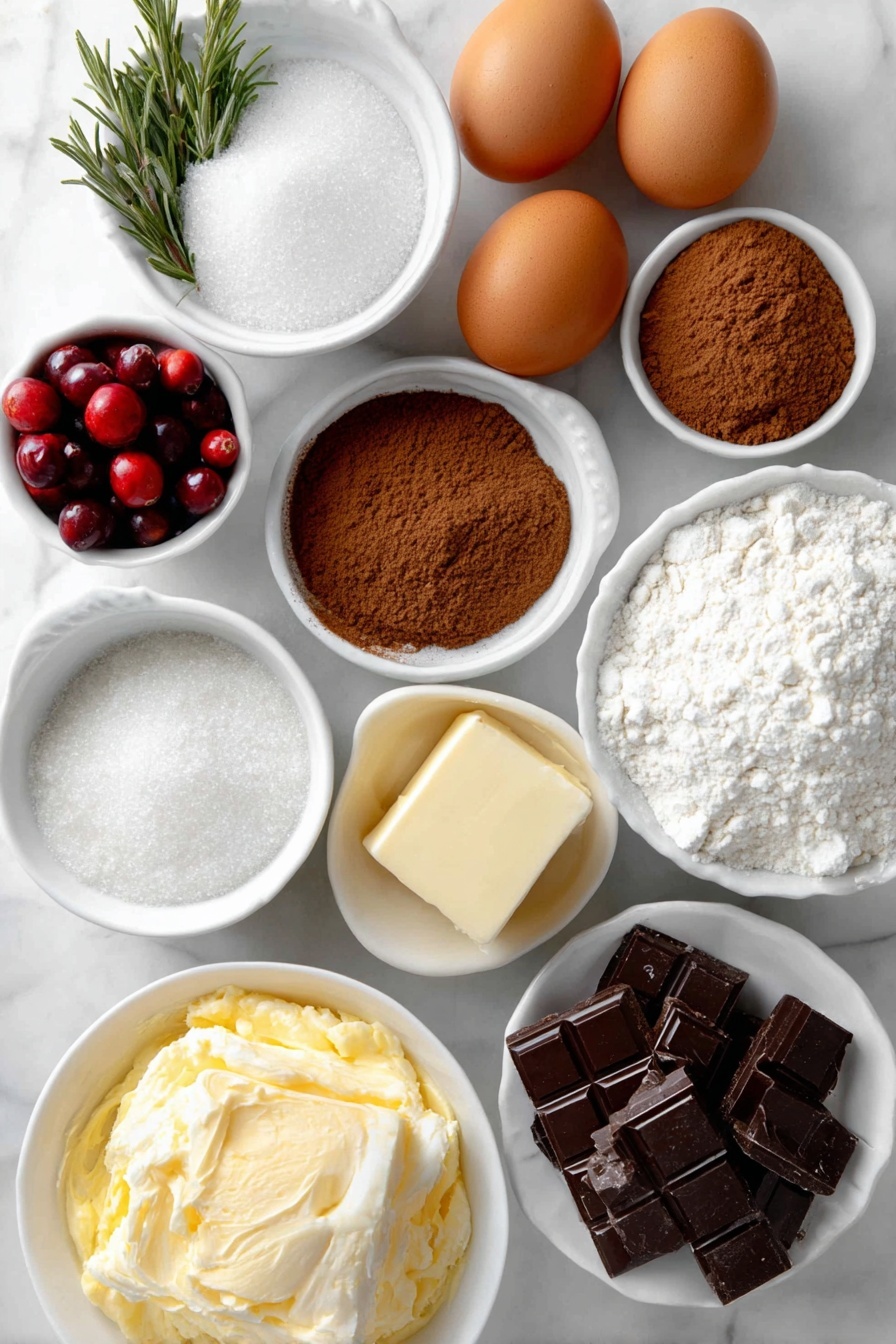 Flat lay of four whole uncracked brown eggs, a small white ceramic bowl of granulated sugar, a small white ceramic bowl of cake flour, a small white ceramic bowl of unsweetened cocoa powder, a small white ceramic bowl of baking powder, a small white ceramic bowl of espresso powder, a small white ceramic bowl of salt, a small white ceramic bowl with chopped bittersweet dark chocolate, a small white ceramic bowl with an unsalted butter pat, a small white ceramic bowl of pure vanilla extract, a small white ceramic bowl of heavy cream, a small white ceramic bowl of powdered sugar, fresh sprigs of rosemary, and fresh cranberries placed on a clean white marble surface, soft natural light, photo taken with an iPhone, professional food photography style, fresh ingredients, white ceramic bowls, no bottles, no duplicates, no utensils, no packaging --ar 2:3 --v 7 --p m7354615311229779997 - Chocolate Yule Log Cake, Yule Log Cake Recipe, Festive Chocolate Cake, Holiday Dessert Ideas, Christmas Cake