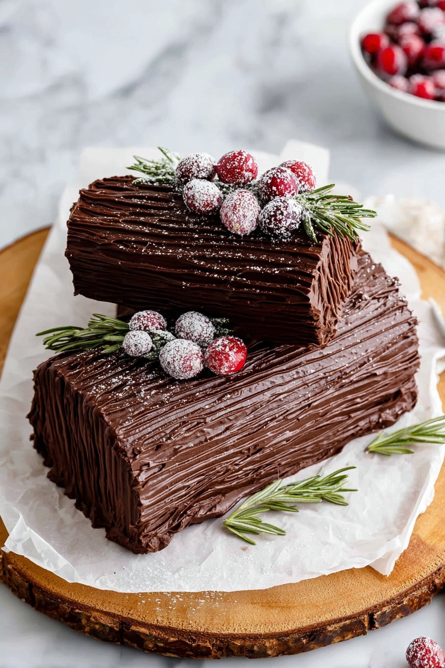 The image shows a Yule log cake with two main parts joined together in a V shape on a white marbled surface. The outside of the cake is covered in thick dark brown chocolate with wavy lines to look like tree bark. Inside, you can see one layer of chocolate sponge cake rolled with white cream in a spiral. The top is decorated with bright red cranberries dusted with white powdered sugar and a few sprigs of green rosemary, adding color. The cake rests on a crumpled piece of white paper, which is on a round wooden board with bark edges. The background is blurry with large yellow and white light circles. Photo taken with an iphone --ar 2:3 --v 7 - Chocolate Yule Log Cake, Yule Log Cake Recipe, Festive Chocolate Cake, Holiday Dessert Ideas, Christmas Cake
