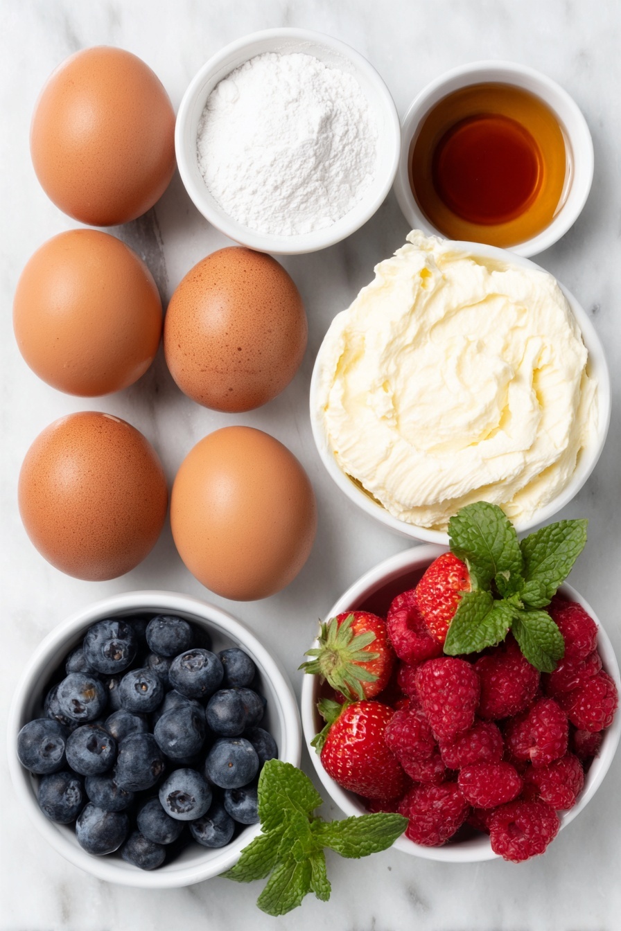 Flat lay of six extra-large whole brown eggs with clean shells, a small white ceramic bowl of sifted powdered sugar, a small white ceramic bowl of fine cornstarch powder, a small white ceramic bowl holding clear vanilla extract, a small white ceramic bowl of fresh heavy whipping cream, a few vibrant fresh mixed berries (strawberries, blueberries, raspberries), and a few bright green fresh mint sprigs arranged in perfect symmetry, all placed on a clean white marble surface, soft natural light, photo taken with an iPhone, professional food photography style, fresh ingredients, white ceramic bowls, no bottles, no duplicates, no utensils, no packaging --ar 2:3 --v 7 --p m7354615311229779997 - Pull Apart Pavlova Wreath, Pavlova Wreath with Fresh Fruit, Elegant Pavlova Dessert, Easy Pavlova for Entertaining, Festive Fruit Pavlova