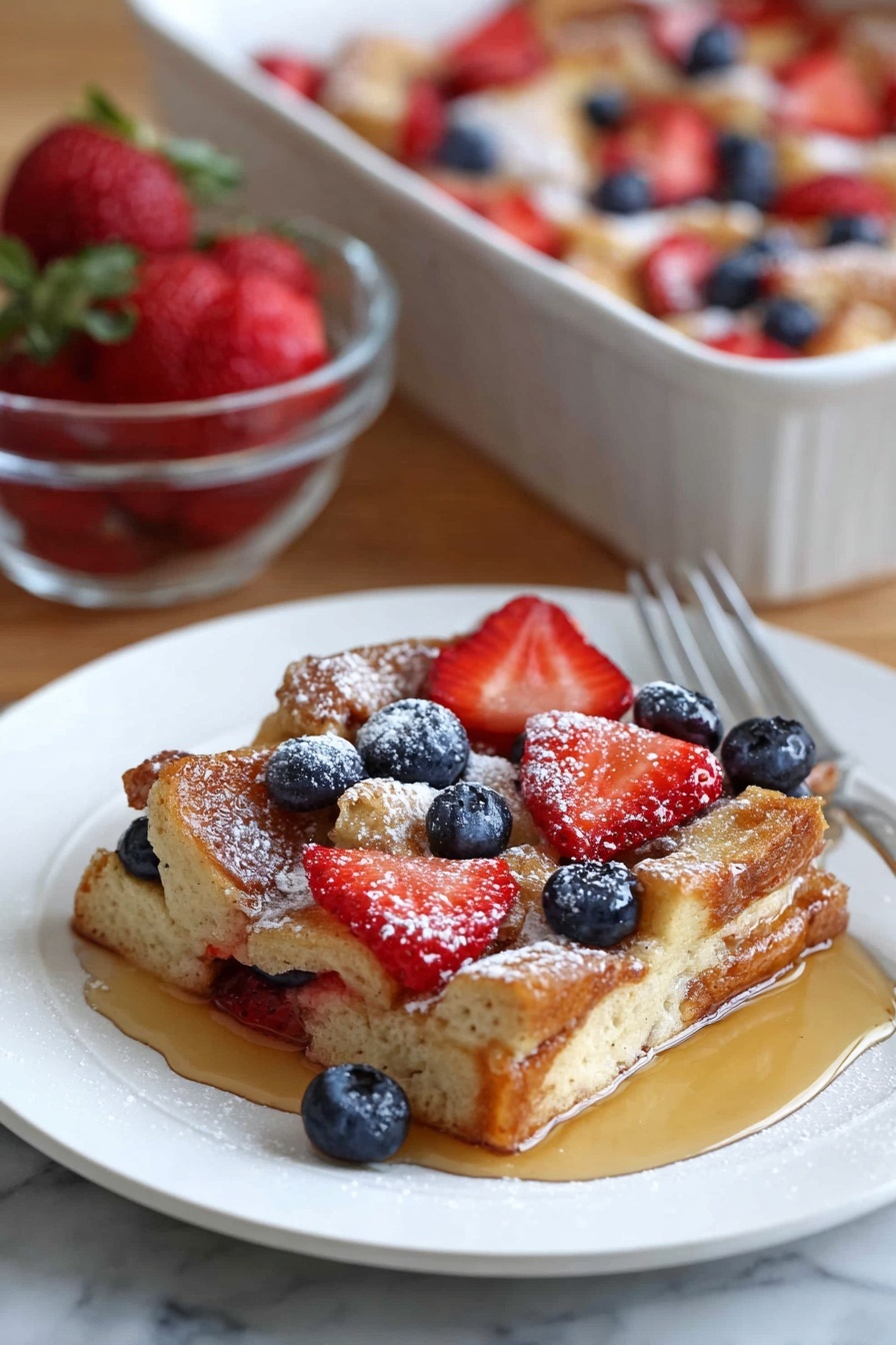 A white plate holds a single slice of a layered dessert with a soft, browned bread or pastry base topped with fresh strawberry slices and whole blueberries scattered evenly. The dessert is sprinkled with powdered sugar and has a shiny syrup drizzled over it, pooling slightly around the edges. Behind the plate, a white baking dish filled with the same dessert is visible, along with a glass bowl containing whole strawberries. The scene is set on a white marbled surface with a fork placed next to the plate. Photo taken with an iphone --ar 2:3 --v 7 - Berry French Toast Bake, breakfast casserole with berries, easy French toast bake, make-ahead brunch recipes, cinnamon berry breakfast