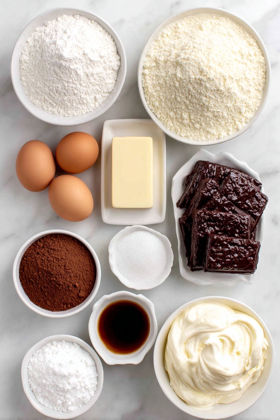 Flat lay of a small mound of fine powdered sugar, a neat pile of light almond flour, three whole clean-shelled brown eggs, a small heap of white granulated sugar, a tiny white ceramic bowl with clear vanilla extract, a small white bowl holding rich brown gel food coloring drops, a square of creamy salted butter, a white bowl filled with fluffy powdered sugar, a small bowl with pale heavy whipping cream, a small white bowl containing smooth cocoa powder, a small white bowl with meringue powder, and three small white bowls each with vivid royal icing in red, black, and brown colors, all arranged symmetrically on a clean white marble surface, soft natural light, photo taken with an iPhone, professional food photography style, fresh ingredients, white ceramic bowls, no bottles, no duplicates, no utensils, no packaging --ar 2:3 --v 7 --p m7354615311229779997 - Christmas Reindeer Macarons, festive holiday macarons, reindeer Christmas treats, holiday macarons recipe, Christmas dessert ideas