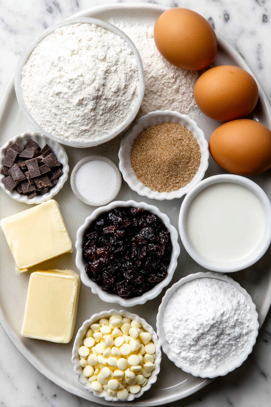 Flat lay of a small mound of white all-purpose flour, a small mound of whole wheat flour, a tiny heap of baking soda, a tiny heap of baking powder, a small pile of kosher salt, a half stick of unsalted sweet cream butter, a small bowl of white granulated sugar, two whole uncracked brown eggs, a small white bowl of pure vanilla extract, a small white bowl of buttermilk, a small white bowl of dried cranberries, a small white bowl of white chocolate chips, a small white bowl of powdered sugar, a small white bowl of milk, and a small white bowl of chopped dried cranberries arranged symmetrically on a simple white ceramic plate placed on a clean white marble surface, soft natural light, photo taken with an iPhone, professional food photography style, fresh ingredients, white ceramic bowls, no bottles, no duplicates, no utensils, no packaging --ar 2:3 --v 7 --p m7354615311229779997 - Cranberry Bliss Bread, Cranberry Bliss Bread Recipe, holiday bread with cranberries, white chocolate cranberry bread, festive bread recipes