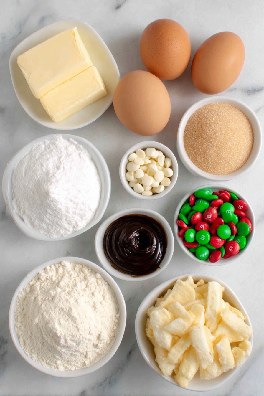 Flat lay of a few chunks of salted butter, a small mound of light brown sugar, a small mound of granulated white sugar, two whole brown eggs with clean shells, a small white bowl of vanilla bean paste, a small mound of all-purpose flour, a small pile of baking powder, a small pile of baking soda, a small pile of salt, a small white bowl filled with red and green M&M's, a small white bowl of white chocolate chips, a small white bowl of pretzel pieces, a small white bowl of potato chip pieces, a small white bowl of red and green jimmies placed on a clean white marble surface, soft natural light, photo taken with an iPhone, professional food photography style, fresh ingredients, white ceramic bowls, no bottles, no duplicates, no utensils, no packaging --ar 2:3 --v 7 --p m7354615311229779997 - Christmas Cookie Sink Cookies, holiday cookie recipes, festive cookie ideas, easy Christmas treats, best holiday cookies