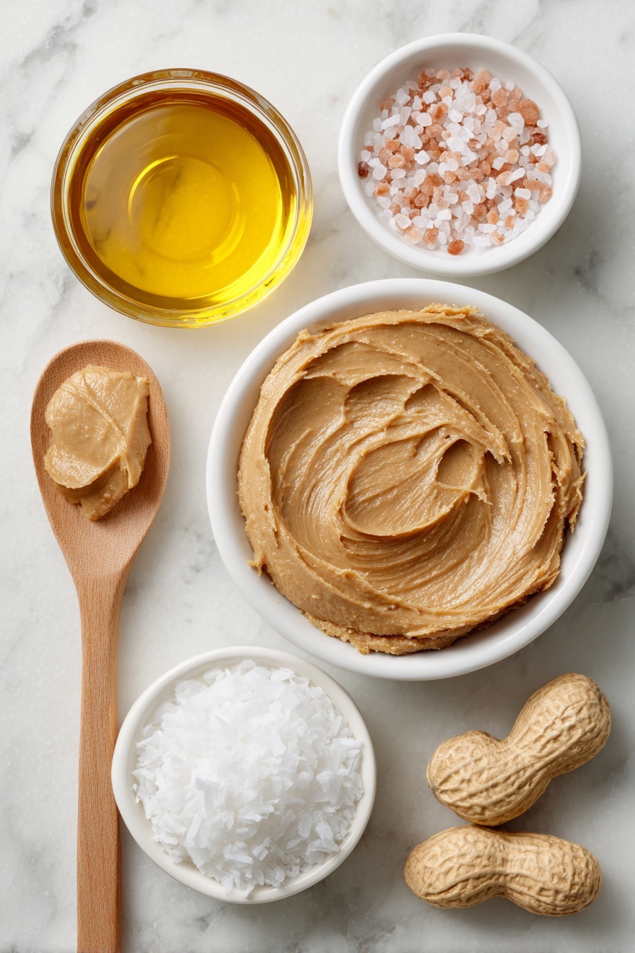 Flat lay of a smooth wooden spoonful of natural peanut butter, a small white bowl filled with golden maple syrup, a small white bowl of white cane sugar crystals, a few golden coconut oil chunks glistening softly, and a small white bowl containing coarse pink sea salt crystals, all arranged in perfect symmetry with balanced spacing, placed on a clean white marble surface, soft natural light, photo taken with an iPhone, professional food photography style, fresh ingredients, white ceramic bowls, no bottles, no duplicates, no utensils, no packaging --ar 2:3 --v 7 --p m7354615311229779997 - Peanut Butter Dairy-Free Fudge, dairy-free fudge recipe, vegan peanut butter fudge, easy dairy-free dessert, healthy chocolate peanut butter fudge