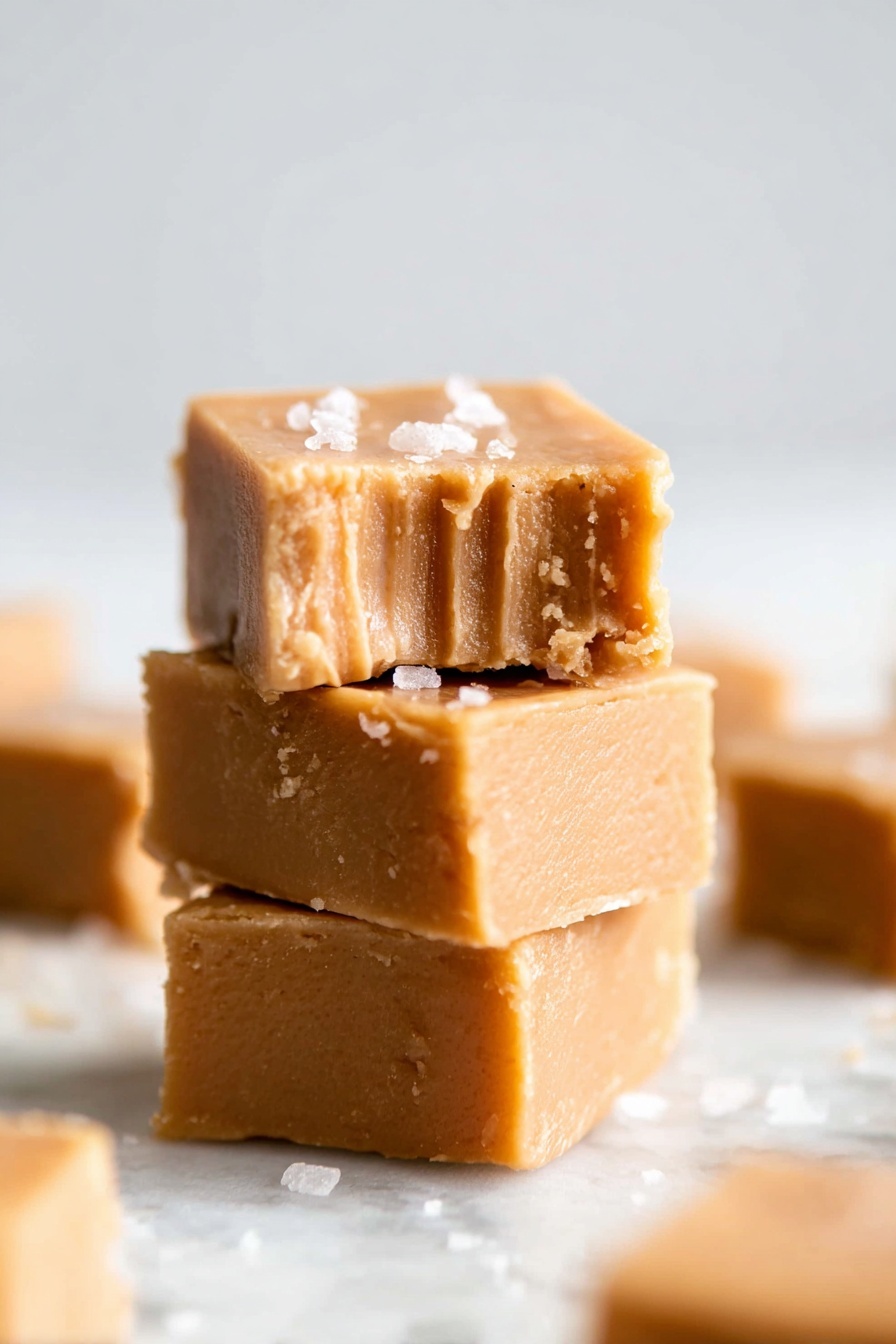 This image shows a stack of three square fudge pieces on a white marbled surface. The fudge has a smooth, creamy texture with a warm light brown color. The top piece has a bite taken from the front right corner, showing a soft inside with a slightly grainy look. Some coarse salt flakes are sprinkled on the top layer, adding small bright white spots. In the background, blurry pieces of more fudge are scattered around. The overall focus is sharp on the stacked fudge with a plain, soft white backdrop. Photo taken with an iphone --ar 2:3 --v 7 - Peanut Butter Dairy-Free Fudge, dairy-free fudge recipe, vegan peanut butter fudge, easy dairy-free dessert, healthy chocolate peanut butter fudge