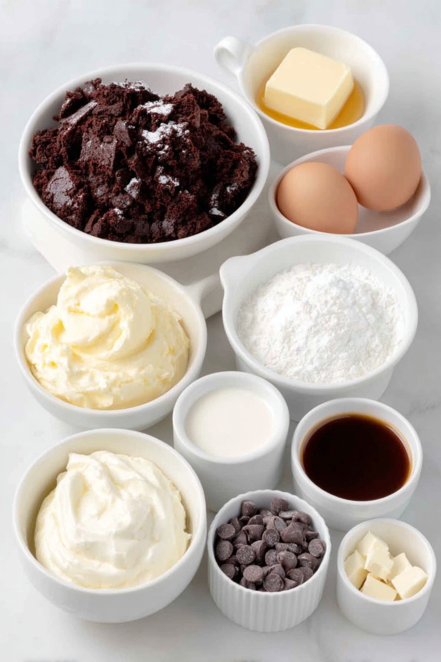 Flat lay of crushed dark chocolate cookies in a small white ceramic bowl, melted golden butter in a small white bowl, a small white bowl with glossy semi-sweet chocolate chips, a small white bowl of thick heavy cream, a small white bowl with smooth mascarpone cheese, a small white bowl holding cold heavy cream, a small white bowl filled with fine powdered sugar, a few whole uncracked brown eggs, a small white bowl of dark rich brewed espresso, a small white bowl of coffee liqueur with deep amber color, a small white bowl of fine unsweetened cocoa powder, scattered dark chocolate shavings and mini chocolate chips placed neatly beside the bowls, all arranged with perfect symmetry, natural fresh look, no packaging or utensils, placed on a clean white marble surface, soft natural light, photo taken with an iPhone, professional food photography style, fresh ingredients, white ceramic bowls, no bottles, no duplicates, no utensils, no packaging --ar 2:3 --v 7 --p m7354615311229779997 - Tiramisu Cookie Cups, Italian dessert, coffee-flavored cookies, individual dessert, easy tiramisu treats