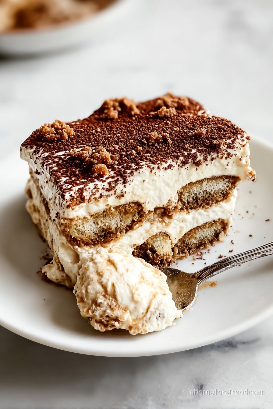 A white plate with a piece of tiramisu that has three visible layers of creamy white mascarpone mixed with light brown coffee-soaked ladyfingers in the middle. The top layer is covered with a dusting of dark brown cocoa powder and small chunks of light brown crumbs scattered over it. A silver spoon holding a scoop of the creamy dessert is in front of the plate, showing a mix of white cream and coffee-soaked layers. The plate sits on a white marbled surface. photo taken with an iphone --ar 2:3 --v 7 - Gingerbread Tiramisu, gingerbread tiramisu dessert, holiday gingerbread tiramisu, festive tiramisu with gingerbread, no-bake gingerbread dessert
