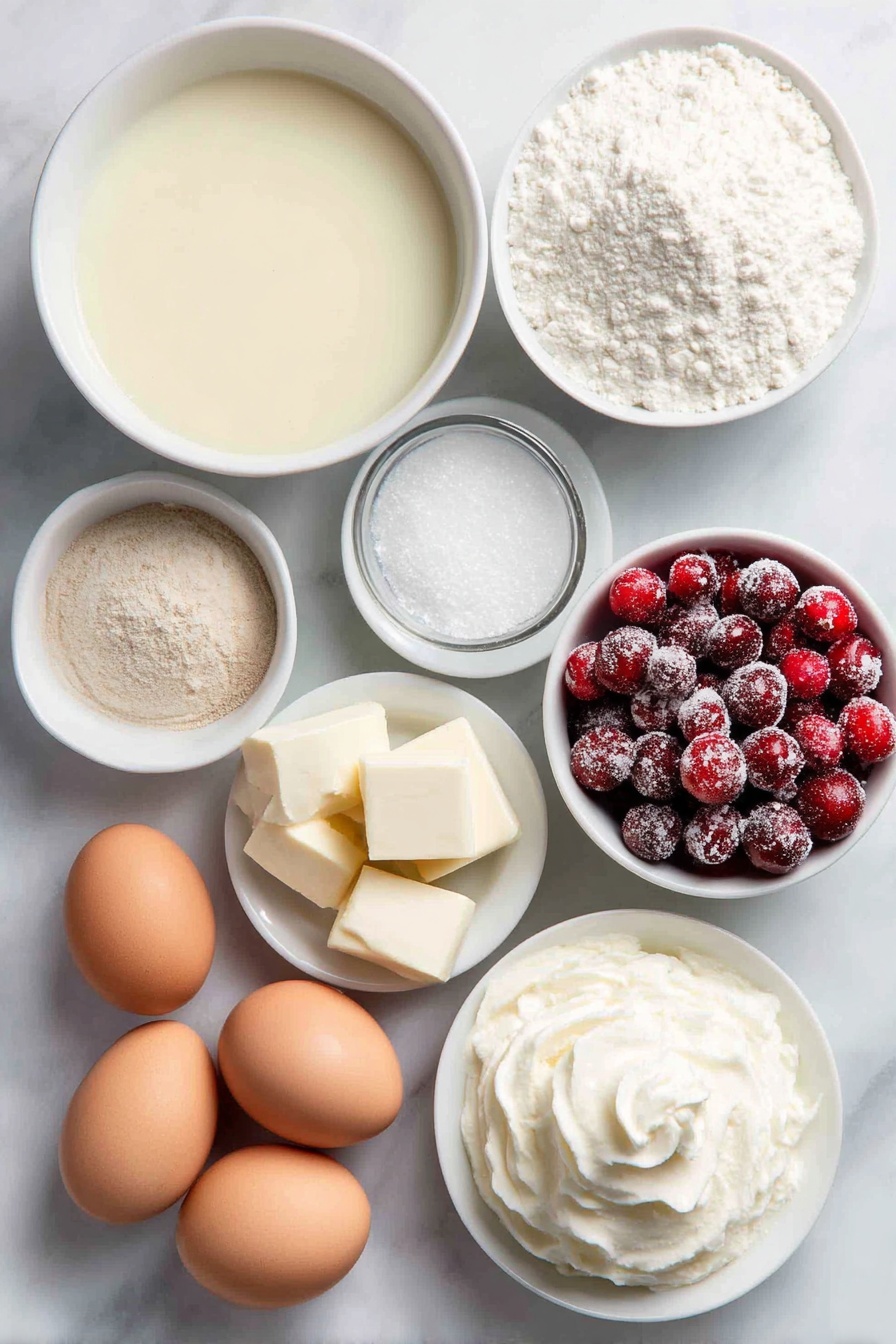 Flat lay of a small white ceramic bowl filled with creamy pale yellow eggnog, a small white bowl of thick heavy whipping cream, a few tablespoons of granulated sugar neatly heaped in a small white bowl, a small white bowl containing fine white cornstarch powder, a pinch of salt in a tiny white dish, a small white bowl with ground nutmeg, four large whole eggs with smooth brown shells arranged perfectly, a few small pieces of unsalted butter in a small white bowl, a small white bowl filled with clear rum extract, a dollop of fresh whipped cream on a white ceramic plate, a small pile of grated whole nutmeg on a small white bowl, and a cluster of fresh sugared cranberries arranged in a small white bowl—all ingredients fresh and natural, perfectly balanced and symmetrical, placed on a clean white marble surface, soft natural light, photo taken with an iPhone, professional food photography style, fresh ingredients, white ceramic bowls, no bottles, no duplicates, no utensils, no packaging --ar 2:3 --v 7 --p m7354615311229779997 - Eggnog Pudding Eggnog Pudding Recipe Holiday Dessert Festive Eggnog Pudding