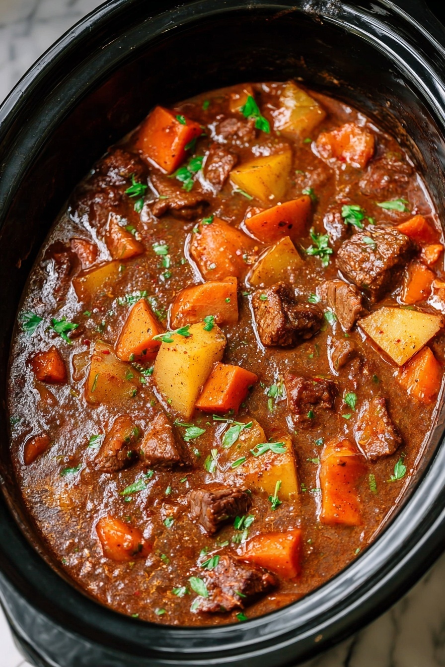 A close-up view of a rich stew inside a black slow cooker shows layers of chunky textures and colors. The thick brown sauce fills the pot, covering large pieces of orange carrots, light yellow potatoes, and soft green celery. Dark brown meat chunks are scattered throughout, some partially submerged and some visible on top. Small green herbs are sprinkled across the stew’s surface, adding a fresh touch. The gloss of the sauce reflects light, giving it a moist and hearty look. The slow cooker sits on a white marbled surface. photo taken with an iphone --ar 2:3 --v 7 - Slow Cooker Venison Stew, venison stew recipe, hearty venison stew, easy slow cooker venison, winter comfort food