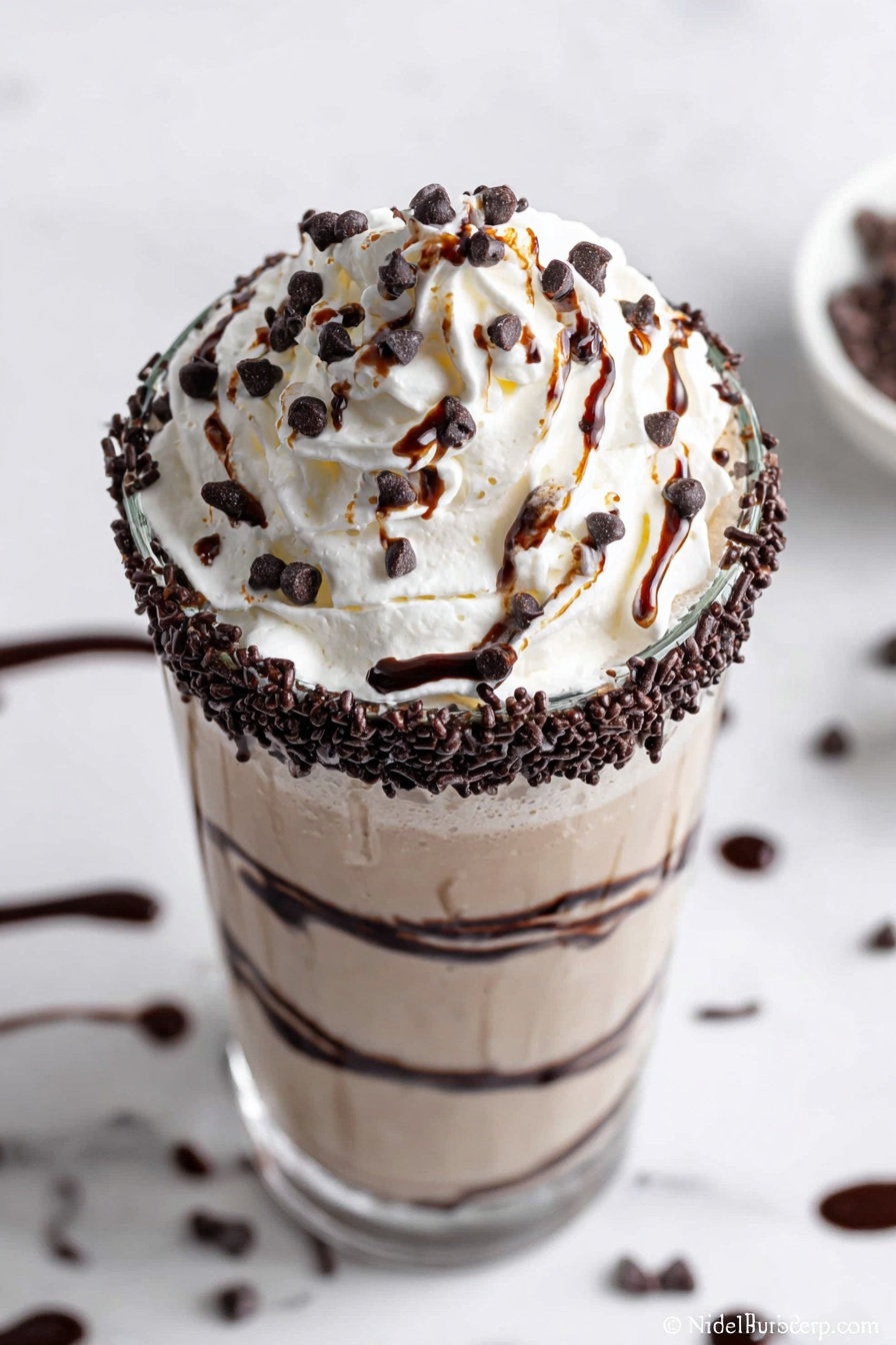 A tall clear glass filled with a creamy light brown milkshake, topped with a thick swirl of white whipped cream. The whipped cream is decorated with dark chocolate chips, small chocolate sprinkles, and a drizzle of dark chocolate sauce. The rim of the glass is covered with more chocolate sprinkles, making a textured dark ring. There are scattered chocolate bits and drizzles of chocolate sauce on a white marbled surface around the glass. Photo taken with an iphone --ar 2:3 --v 7 - Chocolate Hot Cocoa with Kahlua, Kahlua hot cocoa, indulgent chocolate drinks, easy winter beverages, coffee liqueur hot chocolate