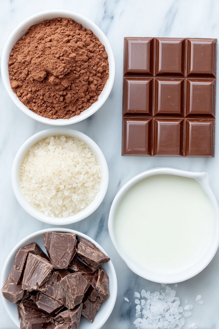 Flat lay of a small white ceramic bowl of rich brown cocoa powder, a small white ceramic bowl filled with light brown granulated brown sugar, a small white ceramic bowl containing chopped semi-sweet chocolate pieces, a small white ceramic bowl with smooth whole milk, a tiny white ceramic bowl holding clear vanilla extract, and a small pile of coarse sea salt crystals scattered neatly beside the bowls, placed on a clean white marble surface, soft natural light, photo taken with an iPhone, professional food photography style, fresh ingredients, white ceramic bowls, no bottles, no duplicates, no utensils, no packaging --ar 2:3 --v 7 --p m7354615311229779997 - Cheater's Stovetop Hot Chocolate, easy hot chocolate, quick chocolate drink, creamy hot chocolate recipe, homemade hot cocoa