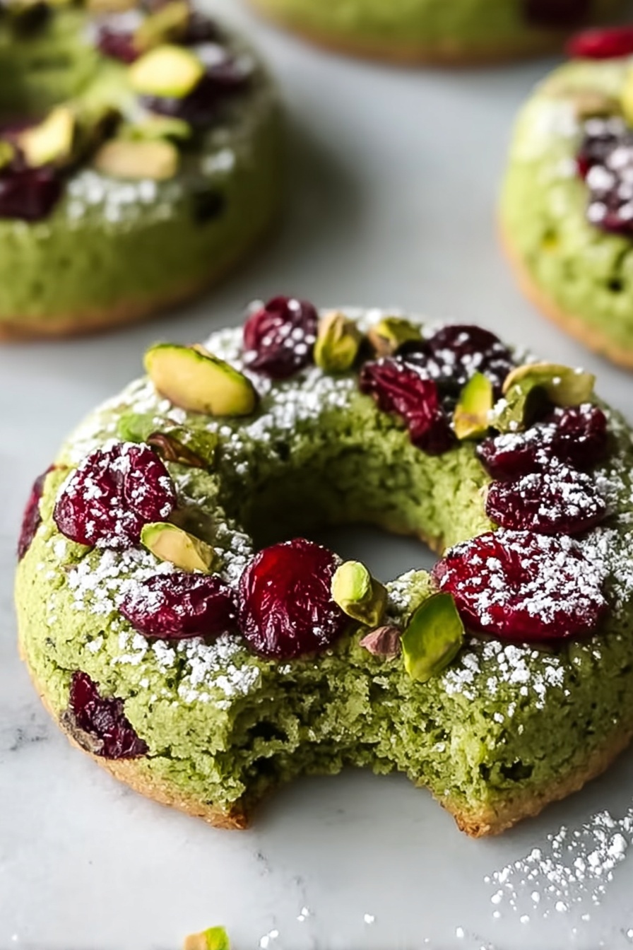 The image shows a close-up of green ring-shaped cookies placed on a white marbled surface. Each cookie has roughly two layers—the base is light brown and thin, while the top thick layer is bright green with a rough texture. This green layer is decorated with large pieces of red dried cranberries and green pistachio nuts scattered unevenly on top. A light dusting of white powdered sugar covers part of the cookie's surface. One cookie in the front has a small bite taken out, showing the crunchy texture inside. Photo taken with an iphone --ar 2:3 --v 7 - Pistachio Cranberry Wreath Cookies, festive holiday cookies, easy holiday cookie recipe, Christmas wreath cookies, holiday dessert ideas