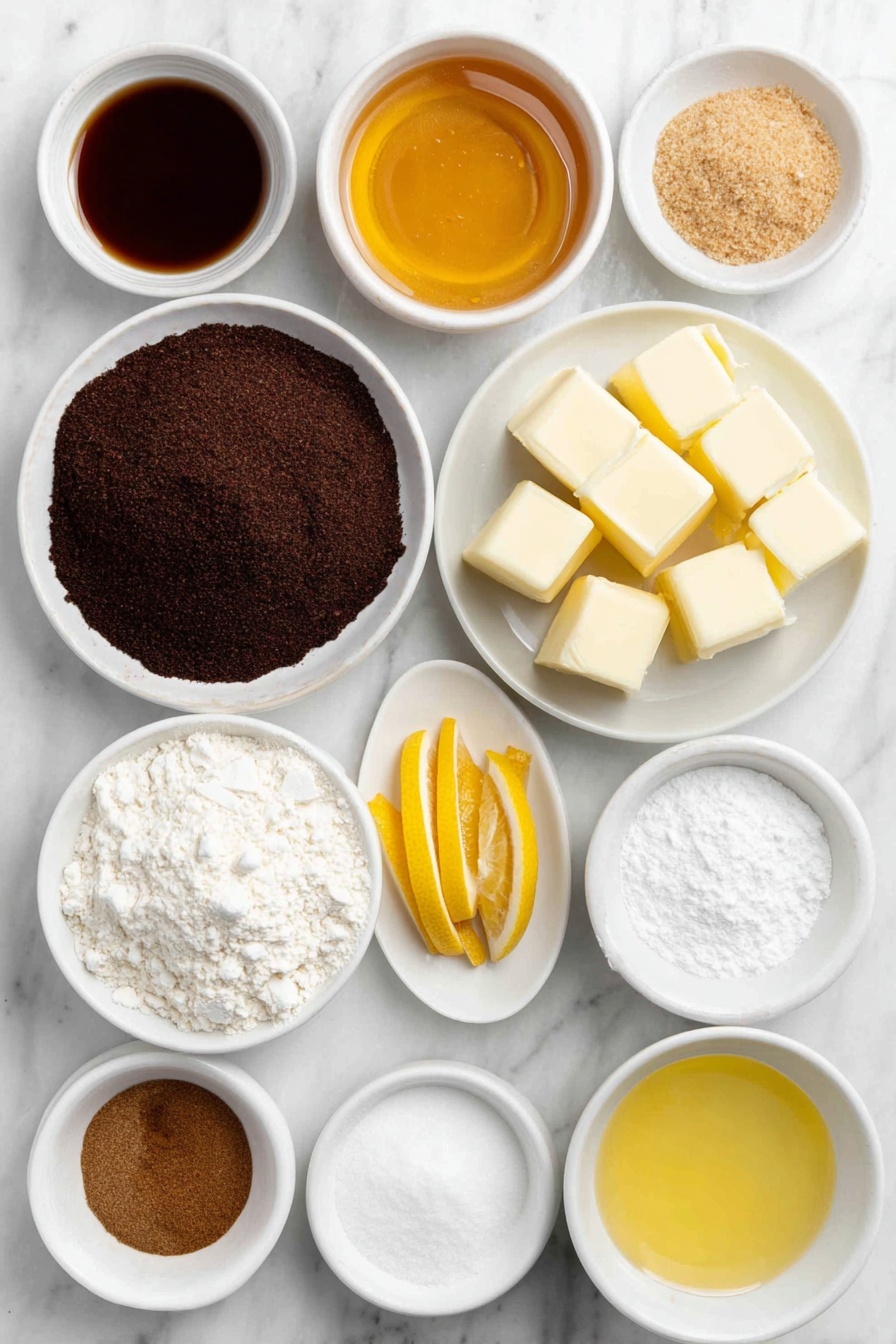 Flat lay of a small white ceramic bowl of golden honey, a mound of dark soft brown muscovado sugar on a white ceramic plate, several cubes of pale unsalted butter on a white dish, a few fresh orange zest strips and bright yellow lemon zest curls arranged neatly side by side, a whole large clean egg with uncracked shell, a small white bowl filled with fine white all-purpose flour, a small white bowl containing golden ground almonds, a tiny white bowl with bright lemon juice, a collection of warm brown ground spices including cinnamon, allspice, ginger, cloves, grated nutmeg, and fine sea salt each in small white ceramic bowls, a small white bowl holding fine white powdered sugar, a few thin orange peel strips laid flat, a small white bowl with clear vegetable oil, and a small white bowl containing amber vanilla extract, all placed on a clean white marble surface, soft natural light, photo taken with an iPhone, professional food photography style, fresh ingredients, white ceramic bowls, no bottles, no duplicates, no utensils, no packaging --ar 2:3 --v 7 --p m7354615311229779997 - Lebkuchen Cookies with Honey and Spices, German Spiced Cookies, Holiday Lebkuchen Recipe, Soft Chewy Ginger Cookies, Traditional Spiced Cookies