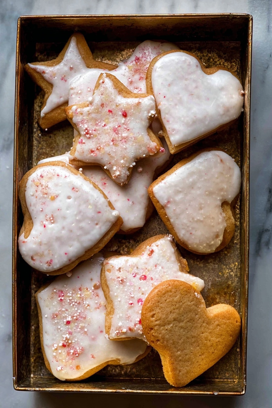 The image shows a baking tray lined with light gray parchment paper holding nine heart-shaped cookies. Each cookie is covered with a smooth, white icing layer that has a slightly shiny texture. Two cookies in the lower left corner have red sugar crystals sprinkled on top of the icing, adding a rough red texture. The cookies are arranged neatly with some touching each other. In the upper right corner of the tray, there is a curled orange peel, bright orange in color and textured. The entire scene rests on a white marbled surface. photo taken with an iphone --ar 2:3 --v 7 - Lebkuchen Cookies with Honey and Spices, German Spiced Cookies, Holiday Lebkuchen Recipe, Soft Chewy Ginger Cookies, Traditional Spiced Cookies