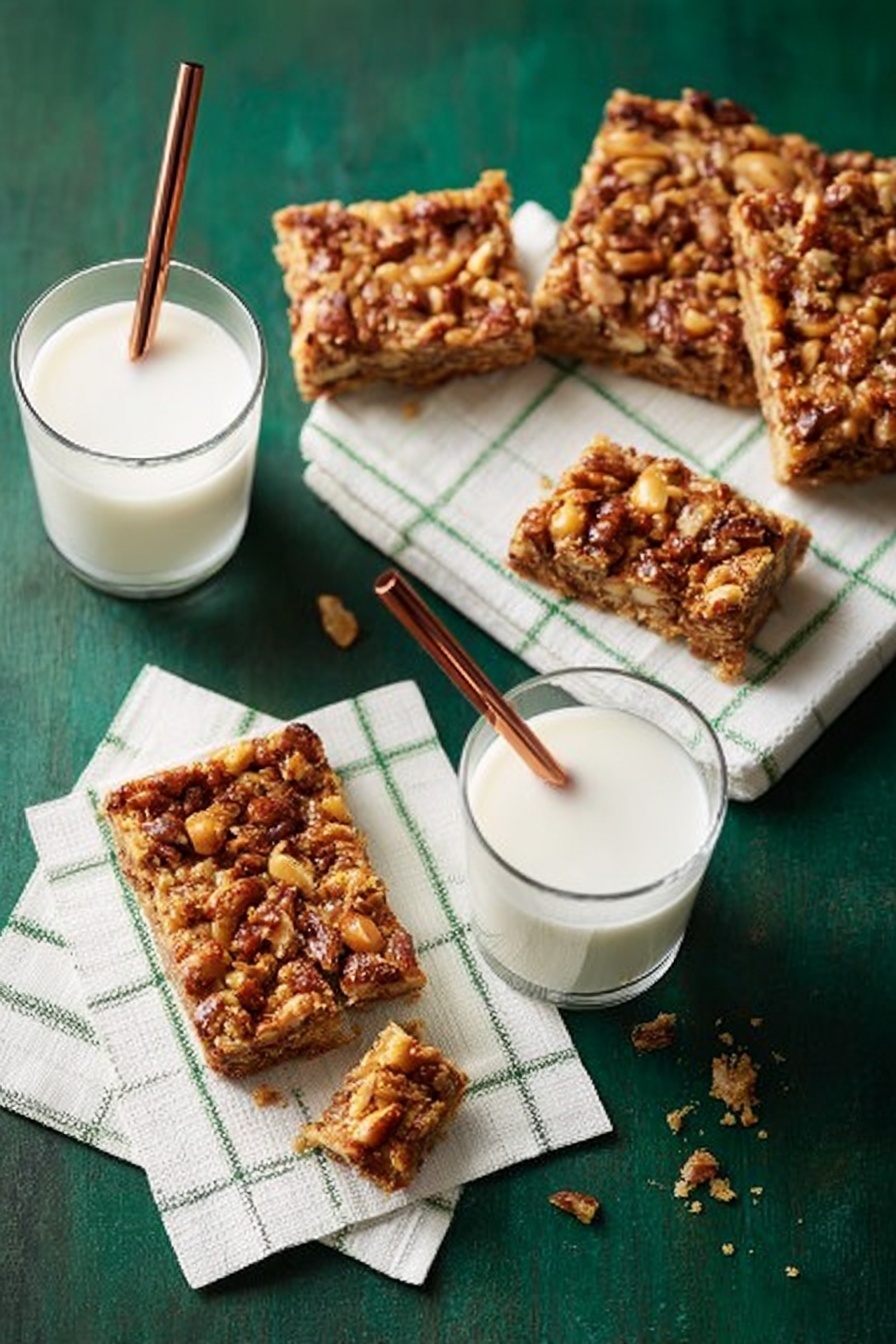The image shows four square nut bars with a rough textured top full of mixed nuts in brown shades, placed on white napkins with green stripes, on a dark green surface. Two bars are whole, one is laid flat showing its toasted nut topping and dense interior, while another is broken in pieces revealing a lighter golden-brown inside with nut chunks. Two clear round glasses filled with white milk each have a copper straw. Some crumbs are scattered around the bars. Photo taken with an iphone --ar 2:3 --v 7 - Chocolate Toffee Pecan Bread Pudding Bars, indulgent dessert bars, easy bread pudding with pecans, chocolate toffee dessert recipe, crunchy pecan bars