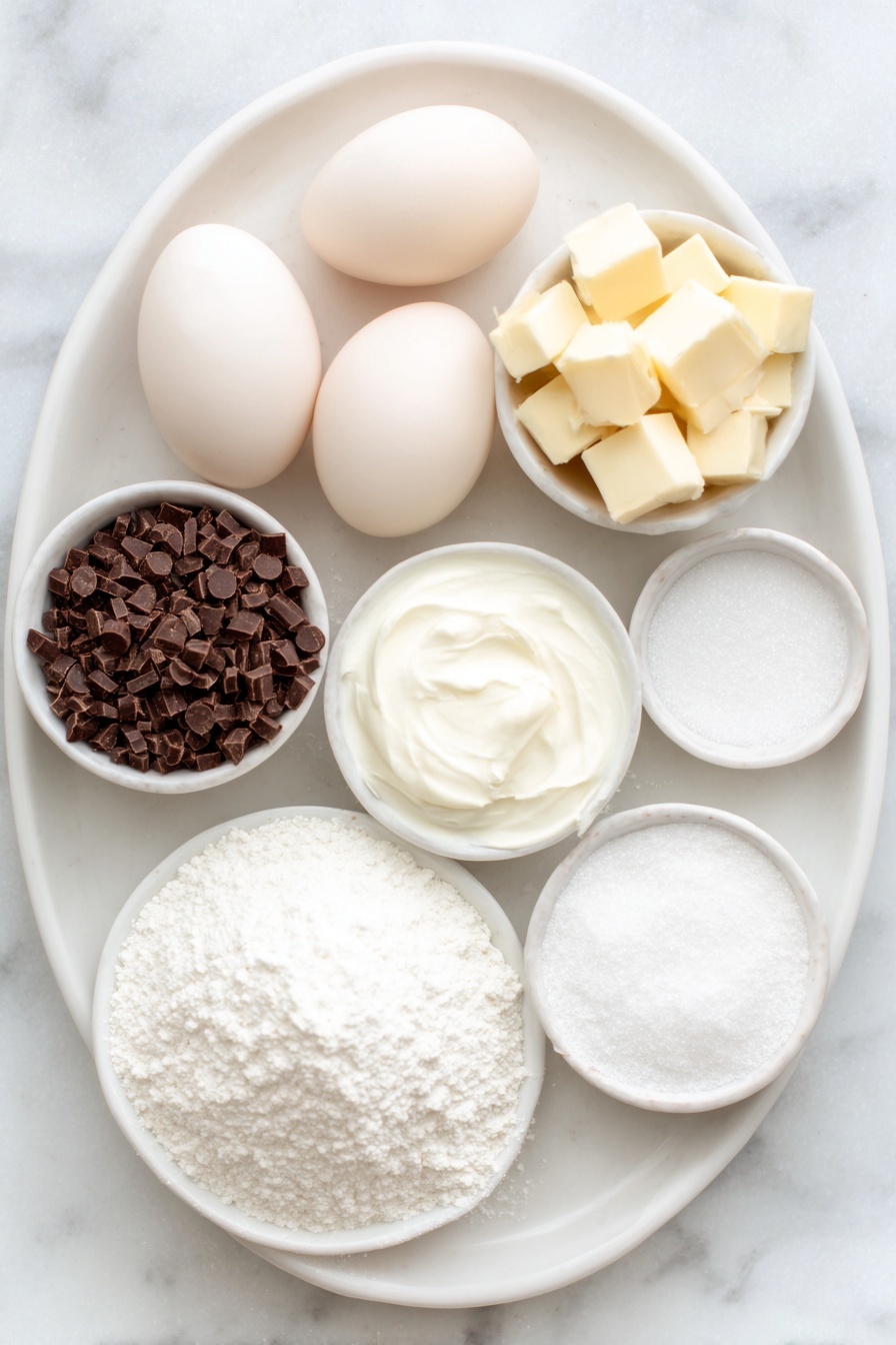 Flat lay of five large whole eggs with clean shells, a small mound of chopped semisweet chocolate, several cubes of creamy butter, a small white bowl of fine white granulated sugar, a small white bowl containing cream of tartar powder, another small white bowl with confectioners' sugar, placed neatly on a simple white ceramic plate and bowls, arranged in perfect symmetry on a clean white marble surface, soft natural light, photo taken with an iPhone, professional food photography style, fresh ingredients, white ceramic bowls, no bottles, no duplicates, no utensils, no packaging --ar 2:3 --v 7 --p m7354615311229779997 - Flourless Chocolate Torte, gluten-free chocolate dessert, rich chocolate torte, decadent flourless cake, easy gluten-free dessert