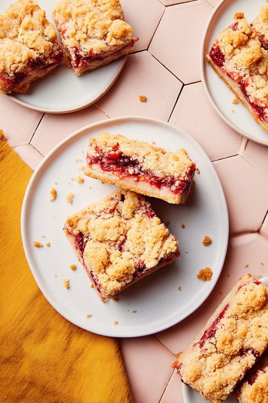 The image shows a white round plate on a soft pink hexagonal-tiled table with two pieces of fruit crumble bars: a square piece with a golden crumbly top and visible layers of red fruit filling beneath, and a long rectangular bar with a similar golden crumbly top and red fruit layer in the middle. Surrounding the central plate are three other white round plates with similar bars arranged on them, displaying the soft crumb texture and rich red fruit inside. The background features a mustard yellow cloth on the pink tiled surface, creating a warm and inviting setting. The light highlights the crumbly texture and the slight shine of the fruit filling, making the bars look fresh and tasty. photo taken with an iphone --ar 2:3 --v 7 - Raspberry Coconut Bars, Raspberry Coconut Bars Recipe, Easy Raspberry Coconut Bars, Tropical Fruit Bars, No-Bake Raspberry Coconut Bars