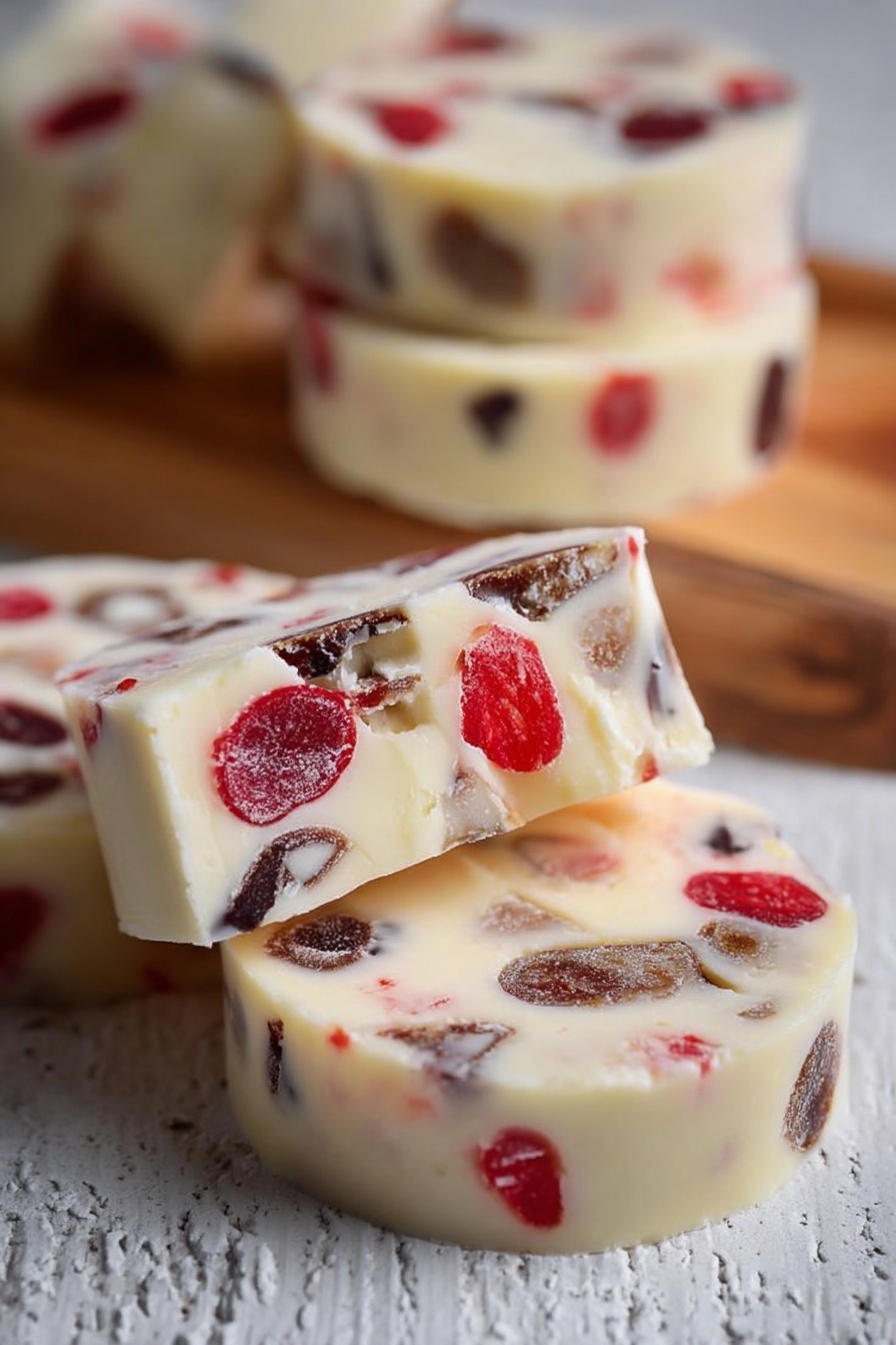 The image shows several round slices of a white creamy dessert with embedded chunks of dark brown and bright red pieces, scattered irregularly inside each slice. The slices have a smooth texture and are thick, stacked slightly on each other on a white textured surface. The background is blurred but suggests more slices stacked on a wooden board. The overall look is soft with contrasting dark and bright bits inside the pale main body. photo taken with an iphone --ar 2:3 --v 7 - Maraschino Cherry Shortbread Cookies, cherry shortbread cookies, holiday shortbread cookies, buttery cherry cookies, chocolate chip shortbread