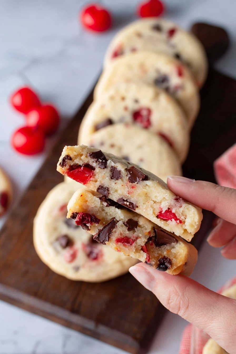 A woman's hand holds a cookie broken in half, showing a soft, pale beige inside with bright red cherry pieces and dark brown chocolate chunks spread throughout. Behind, a row of six whole round cookies with similar colors and textures is arranged on a dark wooden board on top of a white marbled surface. Bright red cherries are placed near the cookies in the background. The cookie surface looks smooth with bits of cherry and chocolate visible. Photo taken with an iphone --ar 2:3 --v 7 - Maraschino Cherry Shortbread Cookies, cherry shortbread cookies, holiday shortbread cookies, buttery cherry cookies, chocolate chip shortbread