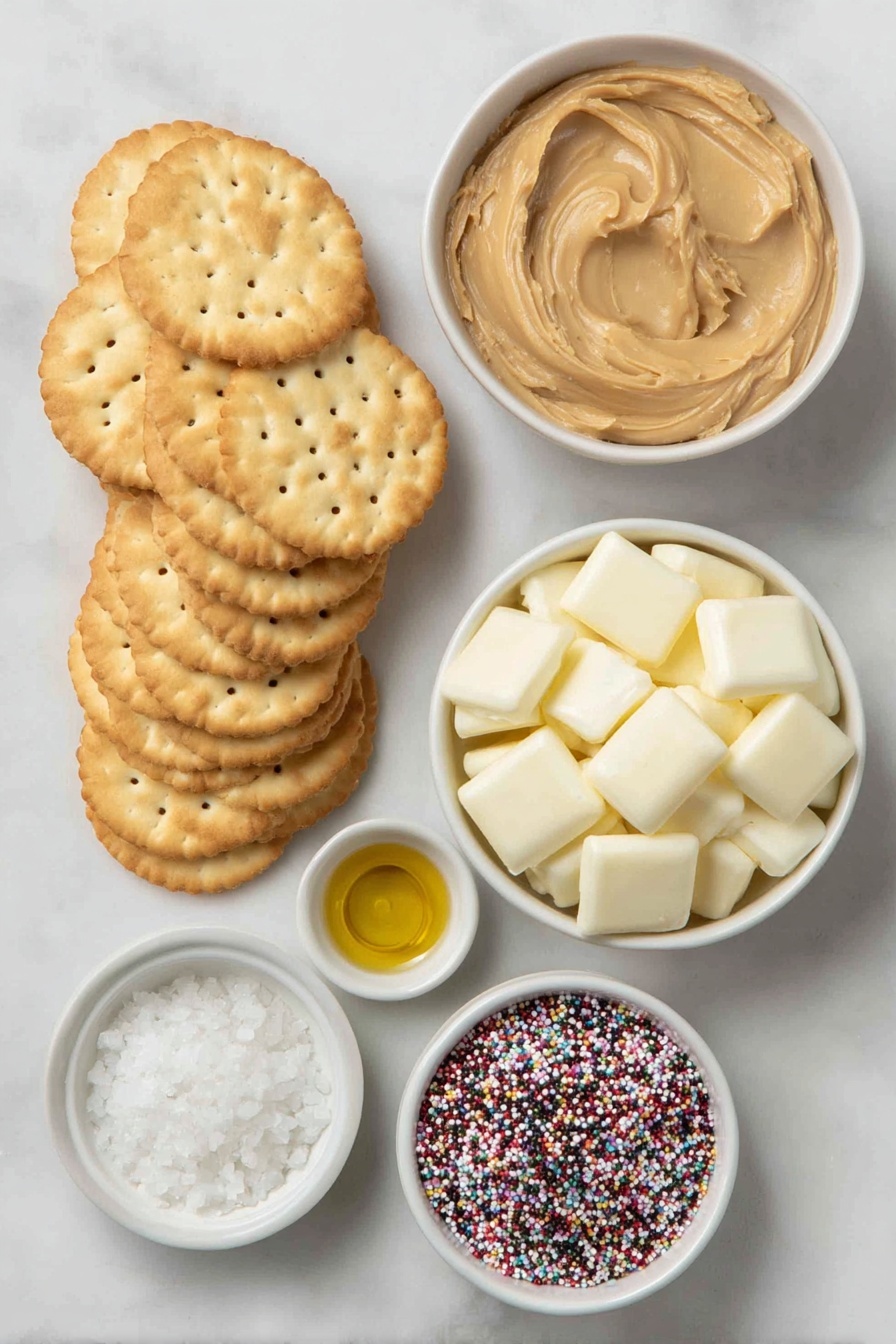 Flat lay of a neat stack of golden Ritz Crackers showing their distinct round shape and perforated pattern, a small white ceramic bowl filled with smooth creamy peanut butter, a simple white ceramic bowl holding glossy white chocolate melting wafers, a tiny white bowl containing a rich golden drizzle of coconut oil, a small white ceramic bowl of vibrant multicolored festive holiday sprinkles, and a delicate white ceramic dish with coarse flaky sea salt crystals scattered inside, all arranged in perfect symmetry on a clean white marble surface, soft natural light, photo taken with an iPhone, professional food photography style, fresh ingredients, white ceramic bowls, no bottles, no duplicates, no utensils, no packaging --ar 2:3 --v 7 --p m7354615311229779997 - Ritz Cracker Holiday Cookies with White Chocolate, festive cookies with white chocolate, easy holiday treat recipes, salty and sweet holiday snacks, quick Christmas cookie ideas