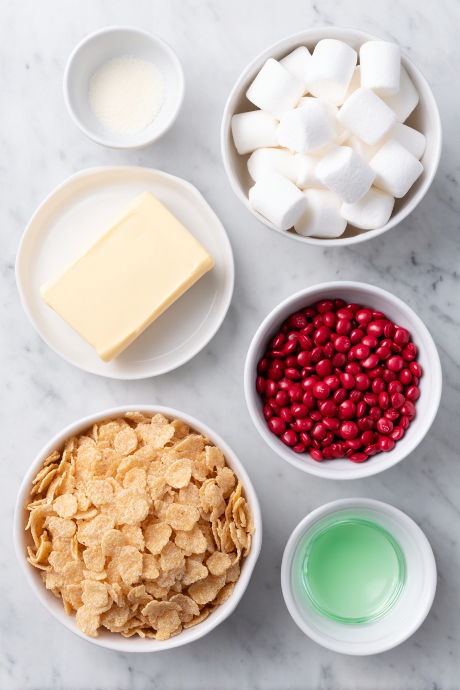 Flat lay of a stick of butter with a smooth pale yellow surface, a small pile of large white marshmallows, a small white bowl filled with vibrant green gel food coloring, a small white bowl containing clear vanilla extract, a simple white ceramic bowl overflowing with golden cornflakes, and a neat small white bowl holding bright red candy-coated chocolates, all arranged symmetrically on a clean white marble surface, soft natural light, photo taken with an iPhone, professional food photography style, fresh ingredients, white ceramic bowls, no bottles, no duplicates, no utensils, no packaging --ar 2:3 --v 7 --p m7354615311229779997 - Christmas Wreath Cookies, holiday cookie ideas, easy Christmas treats, festive Christmas baking, kid-friendly holiday recipes