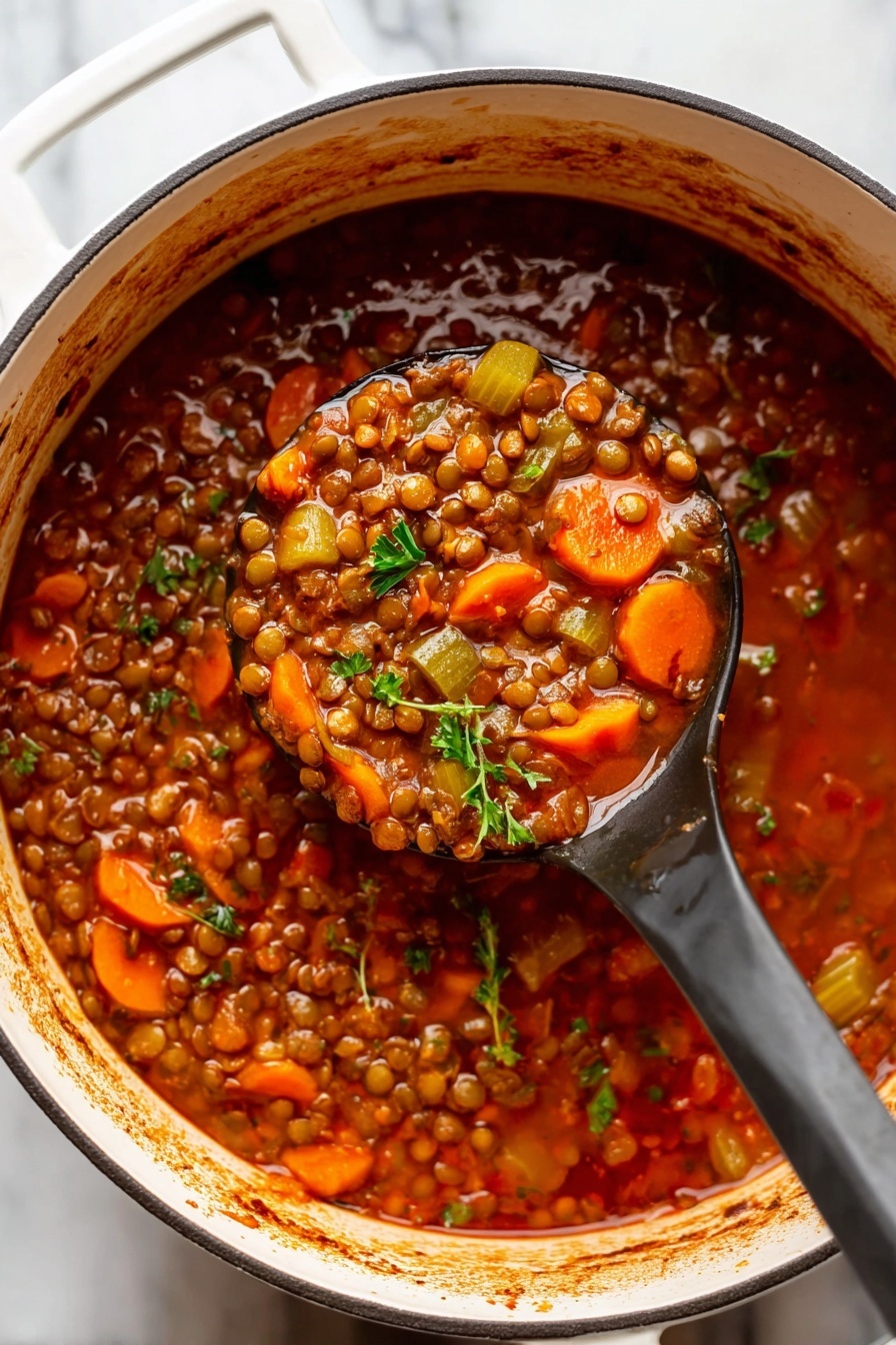 A white pot filled with a thick, rich lentil soup, showing a mix of small brown lentils, orange carrot slices, and green celery pieces immersed in a reddish-brown broth. A black ladle scoops a portion of the soup, highlighting the vibrant colors of the carrots and lentils. Small sprigs of green parsley float on top, adding a fresh touch. The pot rests on a white marbled surface, with some reddish splashes of soup visible on the inner rim of the pot. photo taken with an iphone --ar 2:3 --v 7 - Easy Classic Lentil Soup, hearty lentil soup recipe, nutritious lentil soup, simple lentil soup, comforting healthy soup
