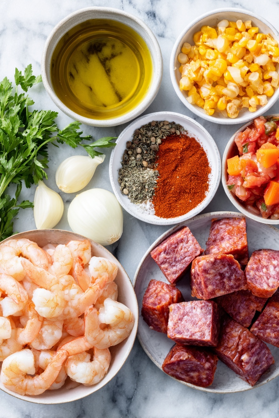 Flat lay of a small puddle of golden olive oil in a white ceramic bowl, several cubes of bright red Spanish dry-cured chorizo, half a yellow onion diced into small pieces on a white ceramic plate, one peeled and diced orange carrot, two cloves of fresh garlic minced but shown whole unpeeled beside them, one peeled and diced russet potato, a small white ceramic bowl filled with vibrant red smoked paprika powder, coarse kosher salt crystals and black peppercorns neatly arranged on the side, a small white ceramic bowl with chunky diced ripe tomatoes, a white ceramic bowl with golden chicken stock, a small white ceramic bowl holding bright yellow frozen corn kernels, a small white ceramic bowl with creamy half and half, plump raw large shrimp with shells removed and deveined neatly lined up, a few sprigs of fresh green parsley, and a few slices of crusty baguette with golden toasts all placed on a clean white marble surface, soft natural light, photo taken with an iPhone, professional food photography style, fresh ingredients, white ceramic bowls, no bottles, no duplicates, no utensils, no packaging --ar 2:3 --v 7 --p m7354615311229779997 - Shrimp and Chorizo Chowder, seafood and chorizo soup, easy shrimp chowder, comforting seafood chowder, quick weeknight seafood recipes