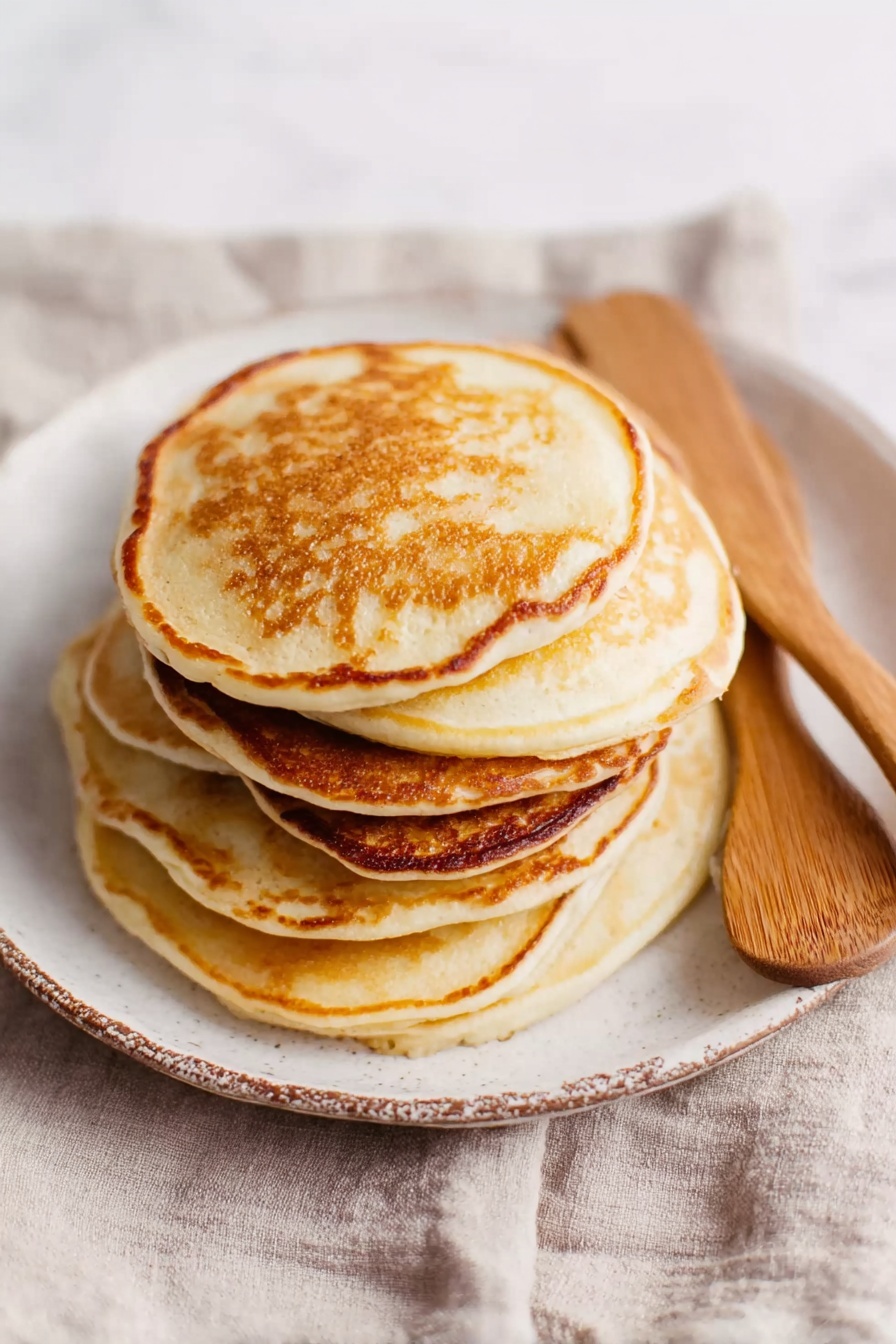 A stack of six golden-brown pancakes is placed slightly messy on a white plate with a rough edge and a beige cloth underneath. The pancakes have a soft and fluffy texture with light browning on top, showing subtle smooth and lacy surfaces. Next to the pancakes on the plate, there are two wooden spatulas resting diagonally, adding a rustic touch. The whole scene is set on a soft white marbled surface. photo taken with an iphone --ar 2:3 --v 7 - Fluffy Yogurt Pancakes, easy pancake recipes, breakfast ideas, light and airy pancakes, homemade pancake recipes