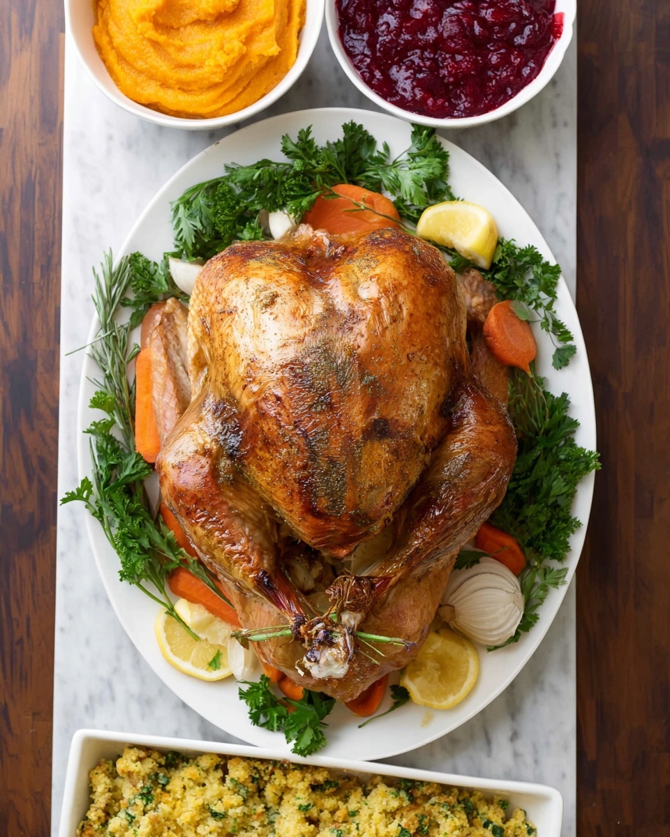 A whole roasted chicken with golden brown, crispy skin is placed on a white oval plate with a patterned edge. The chicken lies on a bed of green parsley and lemon wedges, surrounded by thick slices of cooked orange carrots arranged around the edges of the plate. The plate sits on a white marbled surface. Around the plate, there are three small bowls: one filled with yellow mashed potatoes, one with bright red cranberry sauce, and one with golden stuffing made with herbs and vegetables. A white gravy boat is also partially visible in the background. Photo taken with an iphone --ar 4:5 --v 7