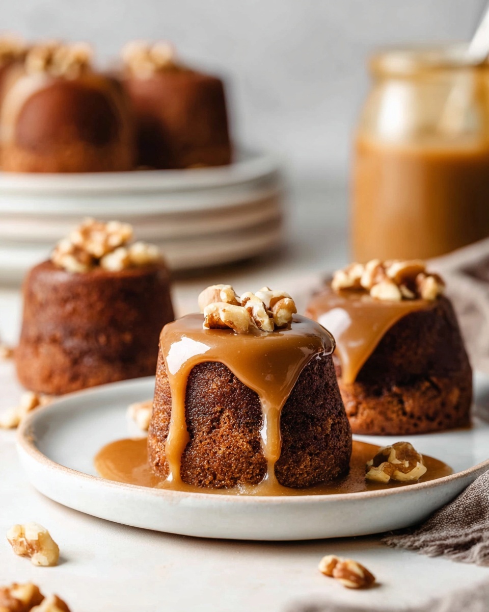 The image shows three small round chocolate cakes on a white plate, with one cake in front being covered by a thick caramel sauce poured from a glass container. The chocolate cakes have a dark brown, slightly textured surface. The caramel sauce is smooth, light brown, and glossy as it drips down the sides of the front cake, creating uneven lines. The plate rests on a white marbled surface, and the background is softly blurred to keep focus on the cakes and sauce. photo taken with an iphone --ar 4:5 --v 7