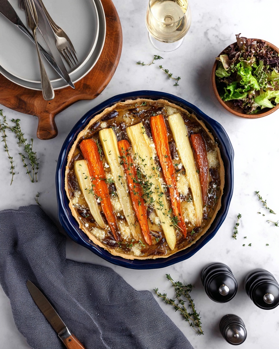 In this image, there is a round tart in a dark blue baking dish placed on a white marbled surface. The tart has a golden-brown crust base with layers of glossy caramelized onions and light purple shallots arranged on the bottom. On top, there are layers of bright orange carrot sticks and pale yellow parsnip sticks laid in rows, sprinkled with small bits of white cheese and fresh green herb sprigs, likely thyme. Around the tart, there are small thyme sprigs scattered on the surface. Nearby, a small wooden bowl with mixed green leafy salad sits to the top right. Above the tart, there are three stacked white plates on a wooden board with a silver knife and fork placed on the board. To the right of the tart, there is a pair of black pepper and salt grinders and a grey cloth napkin. A glass of white wine is partly visible at the top right. The whole setting has a clean, bright, and fresh look. photo taken with an iphone --ar 4:5 --v 7