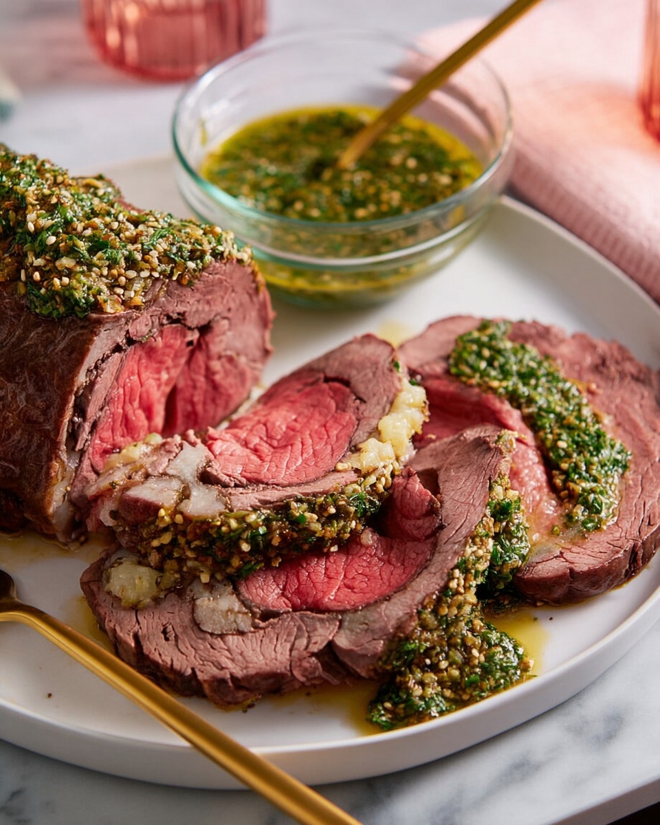 The image shows a white plate with a piece of cooked beef that is dark brown on the outside and pink inside. Next to it are several thin slices of beef, layered and topped with a green sauce that has visible bits, likely herbs, and small yellow seeds. A small clear glass bowl filled with the same green sauce and a gold spoon sits on the plate near the beef. Behind the plate, there is a white plate with a folded patterned napkin in orange, white, and pink colors. The background and surface are a smooth white marble texture with a soft pink wall visible in the back. Two empty clear wine glasses are also in the frame on the left side. Photo taken with an iphone --ar 4:5 --v 7